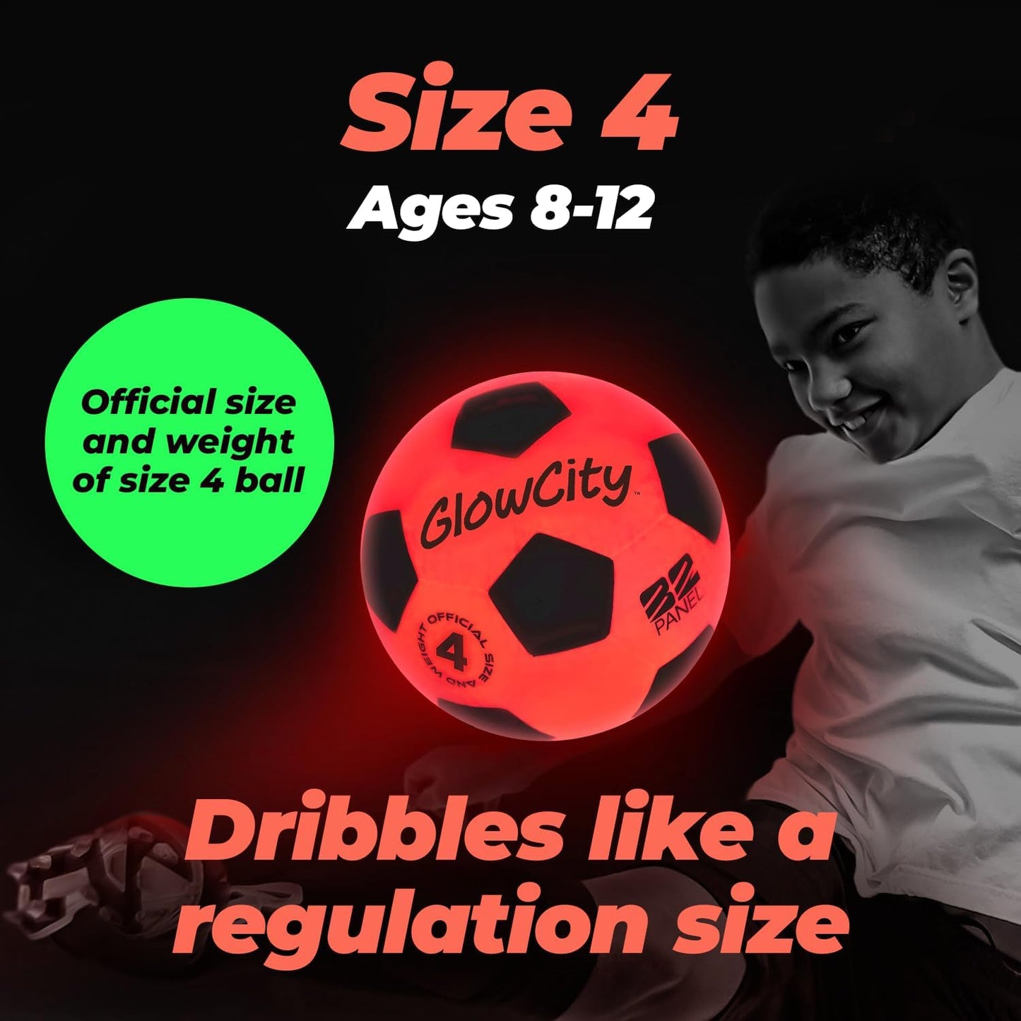 GlowCity Glow in The Dark Soccer Ball - Sizes 3, 4, 5 for Kids, Teens & Adults - Light Up Soccer Ball with 2 LED Lights - Sports Birthday Gifts Ideas for Boys & Teenagers Ages 6 7 8 9 10 11 12 13 14