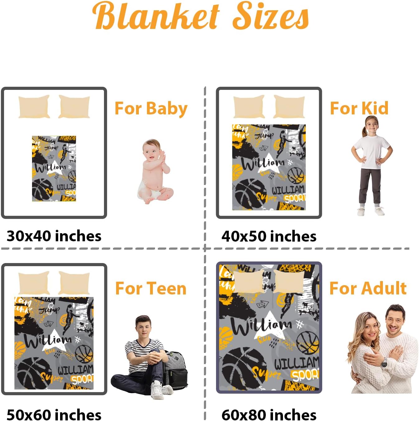 Custom Name Basketball Blanket - Personalized Names Soft Plush Flannel Throw Blankets for Baby Kids Teen Boys Girls Holidays Birthdays Gifts Color07