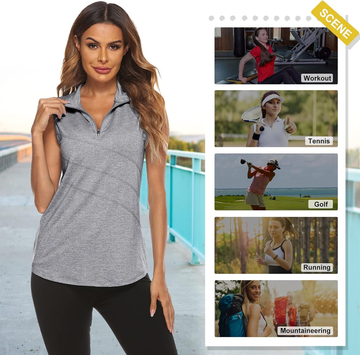 Koscacy Women's Sleeveless Golf Tennis Polo Shirts Zip Up Dry Fit Workout Tank Tops Athletic Shirt