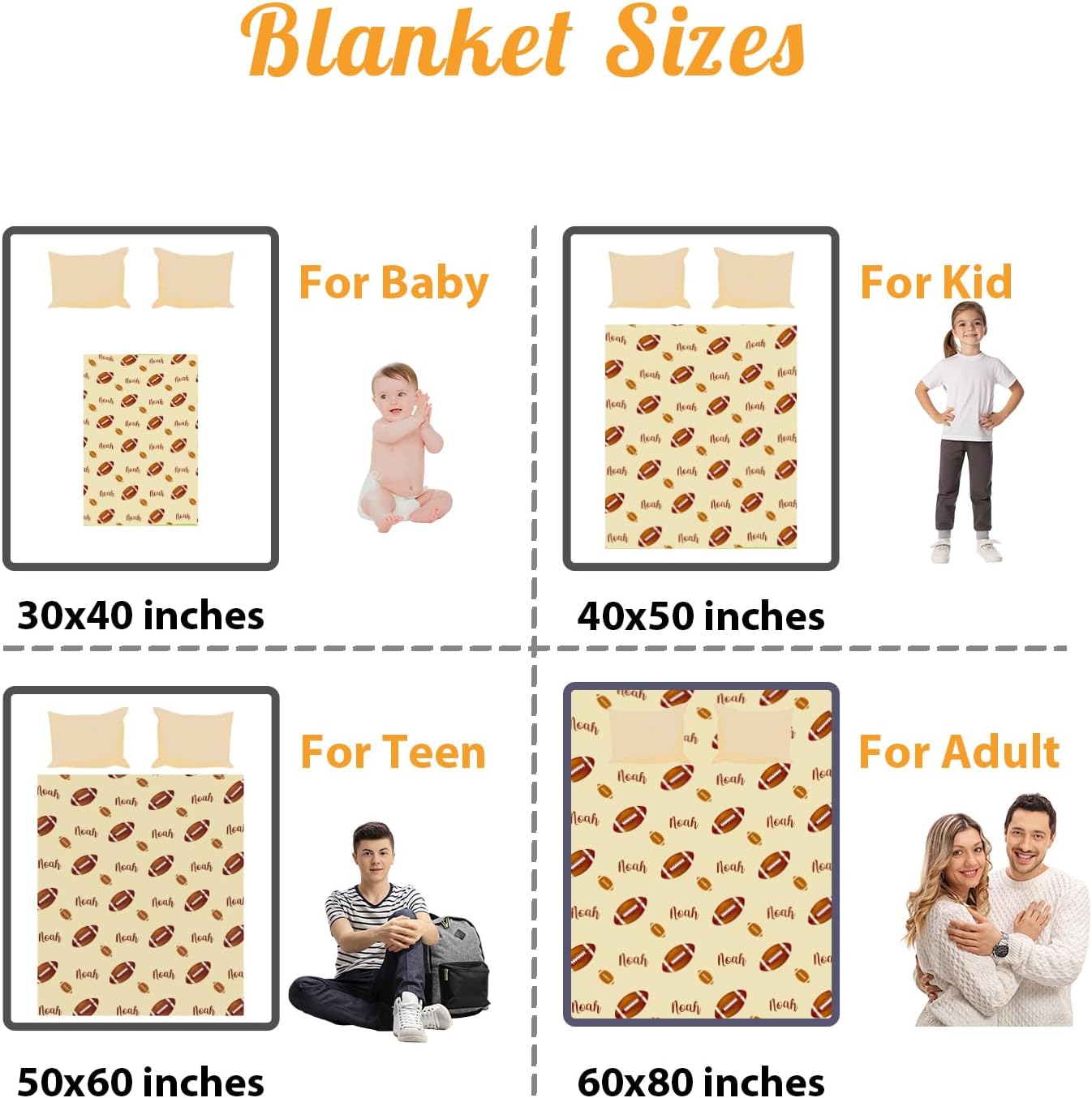 Custom Name Football Blanket - Personalized Names Soft Plush Flannel Throw Blankets for Baby Kids Teen Boys Girls Holidays Birthdays Gifts Color14