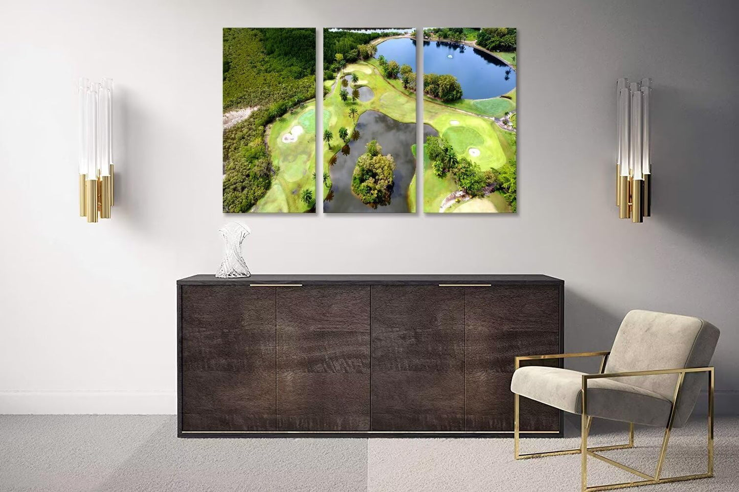chenchenArt Golf Course Wall Art for Living Room Bedroom Bathroom Home Decorations Lake and Golf Course Pictures Posters Canvas Prints Modern Artwork for Office Framed Ready to Hang(14''W x 28''H x3)