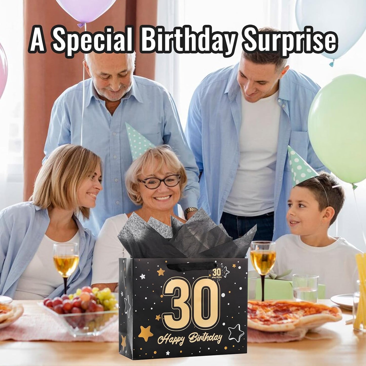 Powbrace 13" Black Happy Birthday Gift Bag with Tissue Paper and Greeting Card for Party,Happy Birthday Gift Bag for Men Women,Gift Bags Medium size(1 Black 30th)