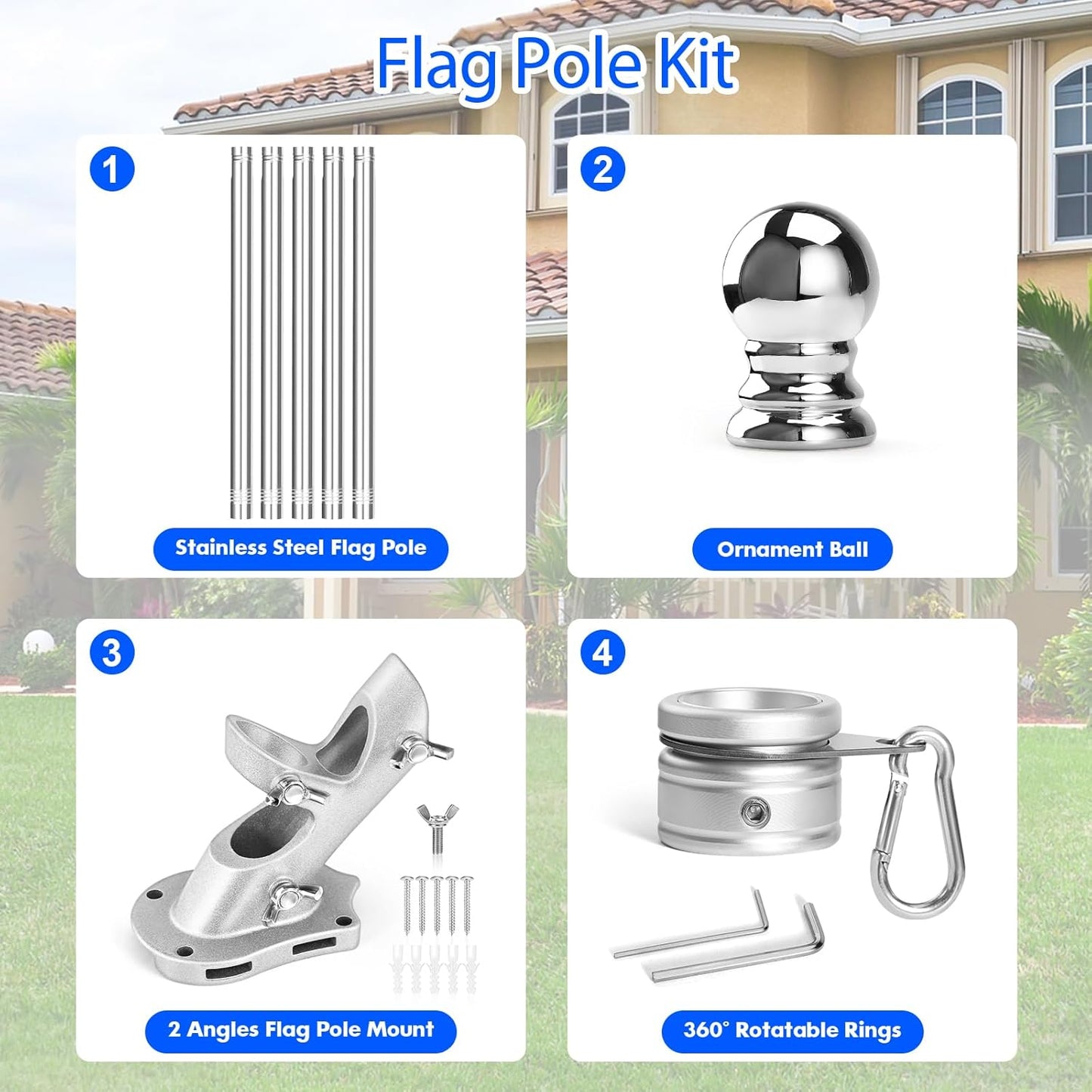 Anovo Flag Pole Kit- Stainless Steel 6 FT Flag Poles with1 Inch Metal 360° Rotating Flag Pole Rings Clip, Two-Position Flag Pole Holder Brackets Mounting for Outside House Outdoor Porch (6 FT-Sliver)