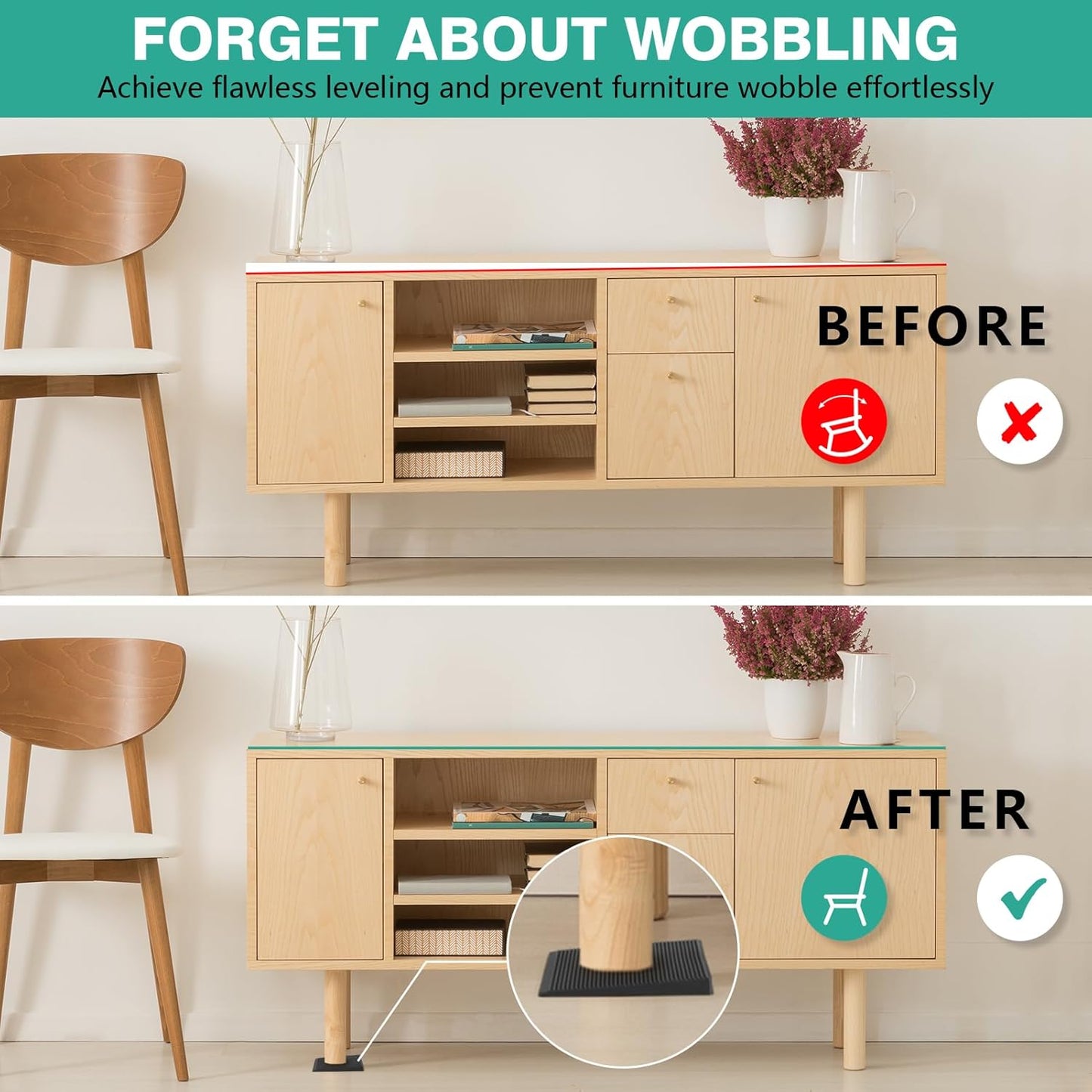 Furniture Leveler 12pcs Kit Size Variety | Multi-Purpose Rubber Shim for Leveling Feet Stable | Anti-Wobble Pad for Uneven Table, Dresser Leg, Toliet and More Furniture | Prevent from Wobbling