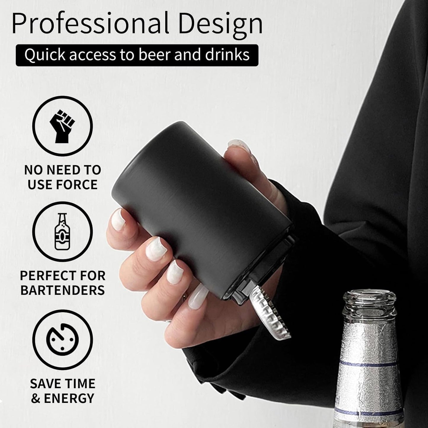 Beer Bottle Opener Destapadores de Cerveza, Automatic Bottle Cap Opener, Down-Pop Off Beer Bottle Openers for Seniors with Magnetic Cap Catcher, Cool Bartender Tools, Men Beer Gift(Black)