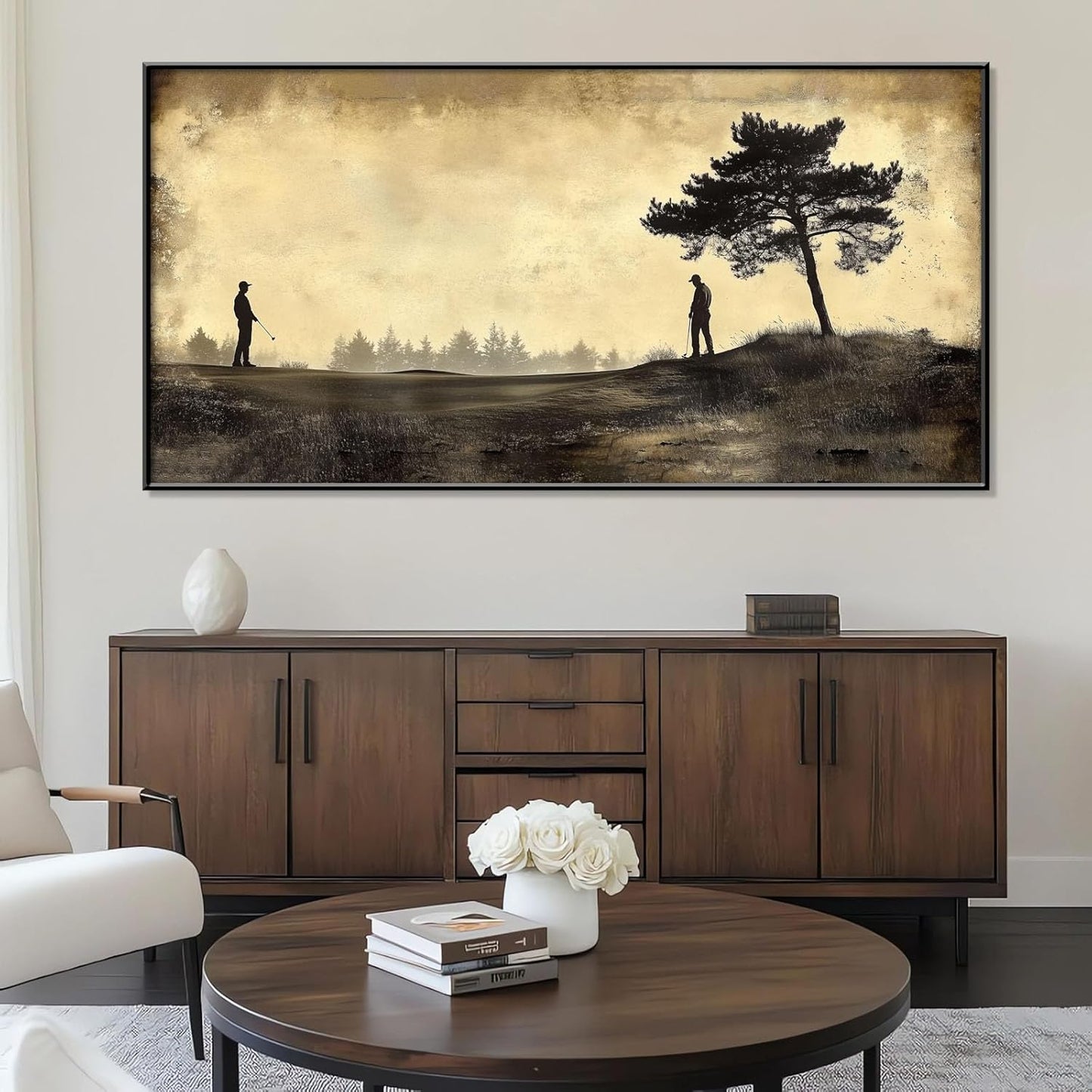 Vintage Golfers Landscape Wall Art, Golf Canvas Print, Golfers Picture Artwork for Wall, Rustic Wall Art, Horizontal Wall Decor, Vintage Sports Poster, Gift for Dad, Man Cave Decor (Gold Framed, 71"x35"|180x90cm)