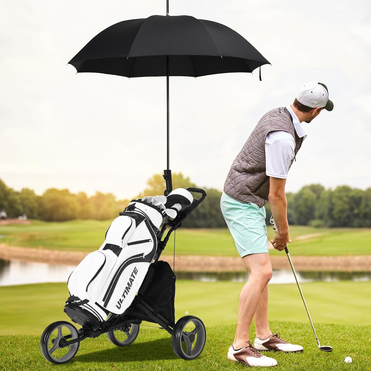 ULTIMATE 3 Wheel Golf Push Cart, Aluminum Folding Golf Walking Push Cart w/Elastic Strap, Umbrella & Cup Holder, Scoreboard Storage, Insulated Storage Bag, Adjustable Handle & Foot Brake