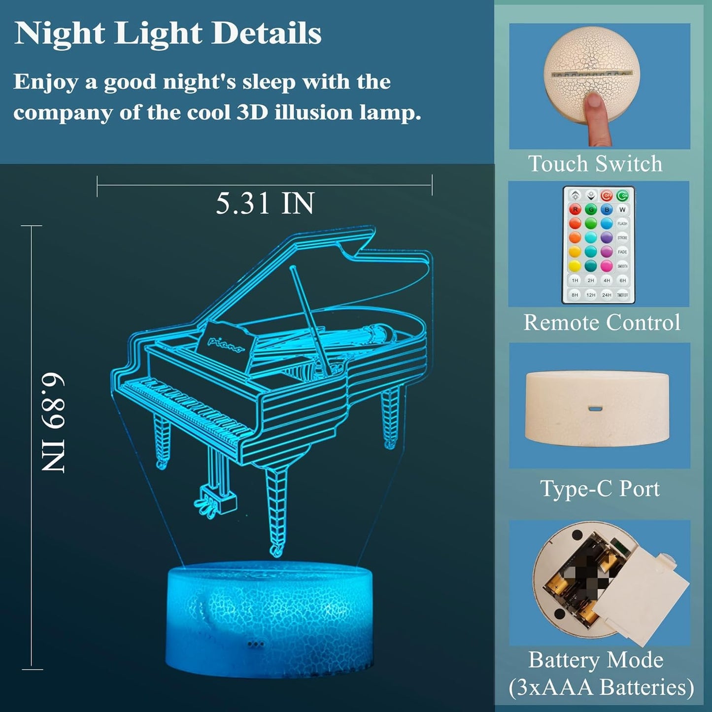 Piano Night Light, Instrument Gifts, Piano 3D Illusion Lamp with 16 Colors Changing, Timer, 4 Flash Modes and Dimmable, Kids Boys Girls Room Decoration, Holiday Xmas Music Gifts