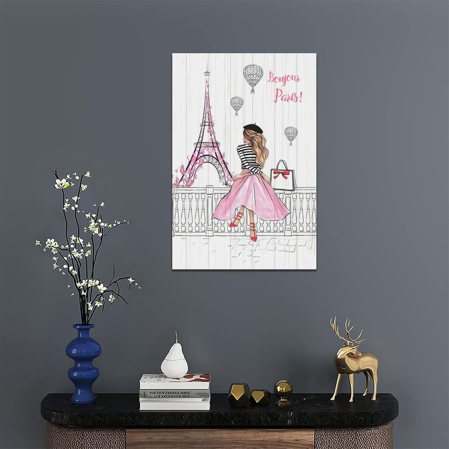 Pink Eiffel Tower Wall Art Romantic Paris Fashion Women Canvas Wall Decor Butterfly Eiffel Tower Picture Painting Print Modern Atwork For Girls Women Room Bathroom Office Framed Ready to Hang 16"x24"