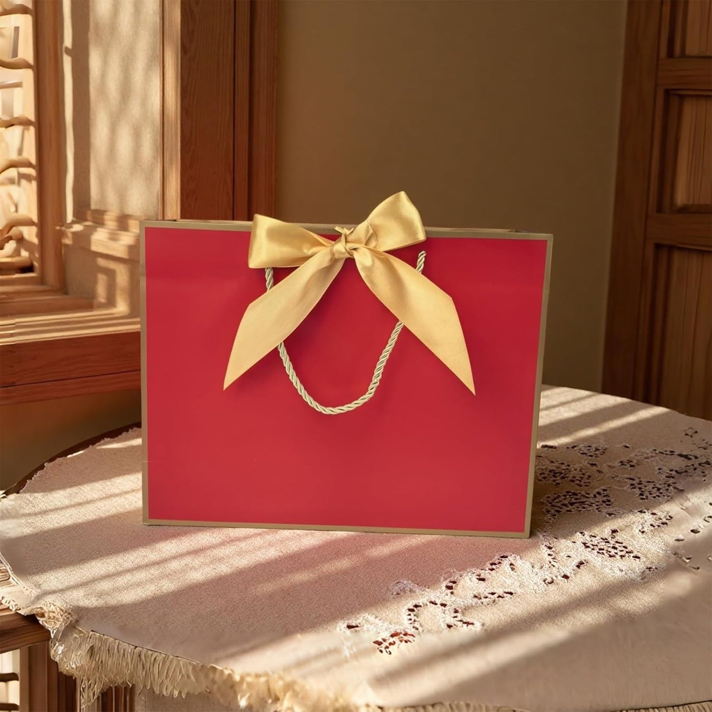 TKSBAG 12PCS Gift Bags Medium Size with Handles, 12.5 x 9.8 x 4.3 In Red Gold Thank You Bags with Bow Ribbon for Wedding, Birthday, bridesmaid, Party Favors, Thanksgiving, Christmas