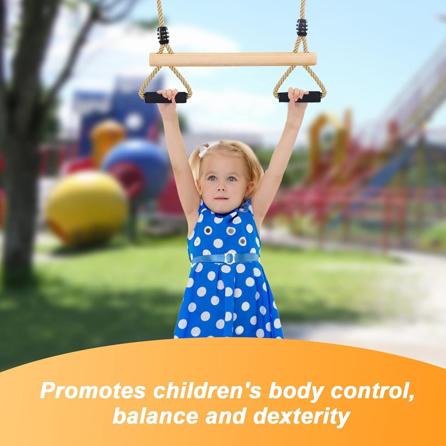 Wooden Trapeze Swing Bar with Gym Rings for Children's Swing Set Indoor Outdoor Garden,Yard,Playground