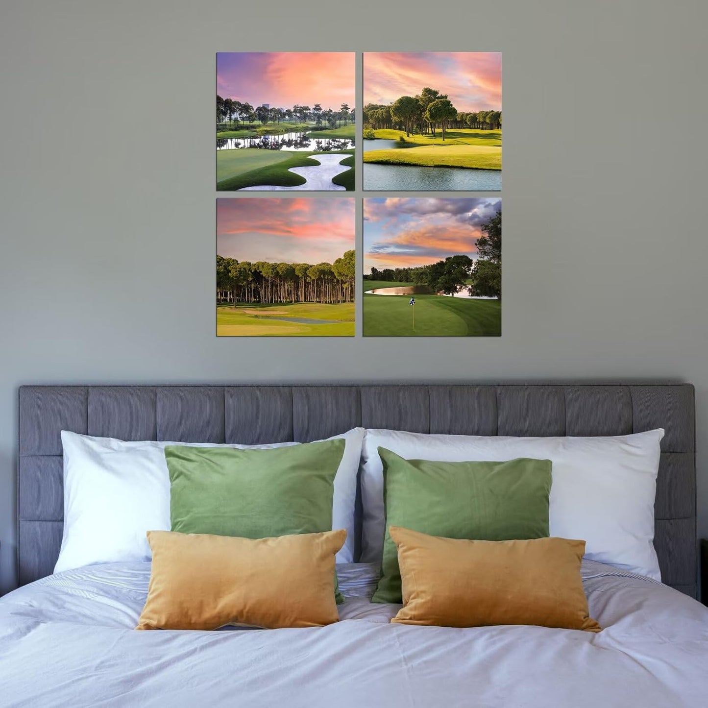Pankila Golf Course Wall Art for Golf Gym Club Canvas Wall Decor Yellow Green Sunset Landscape Abstract Wall Painting Decor Living Room Bedroom Bathroom Frame Artwork (20''W x 20''H x 4)