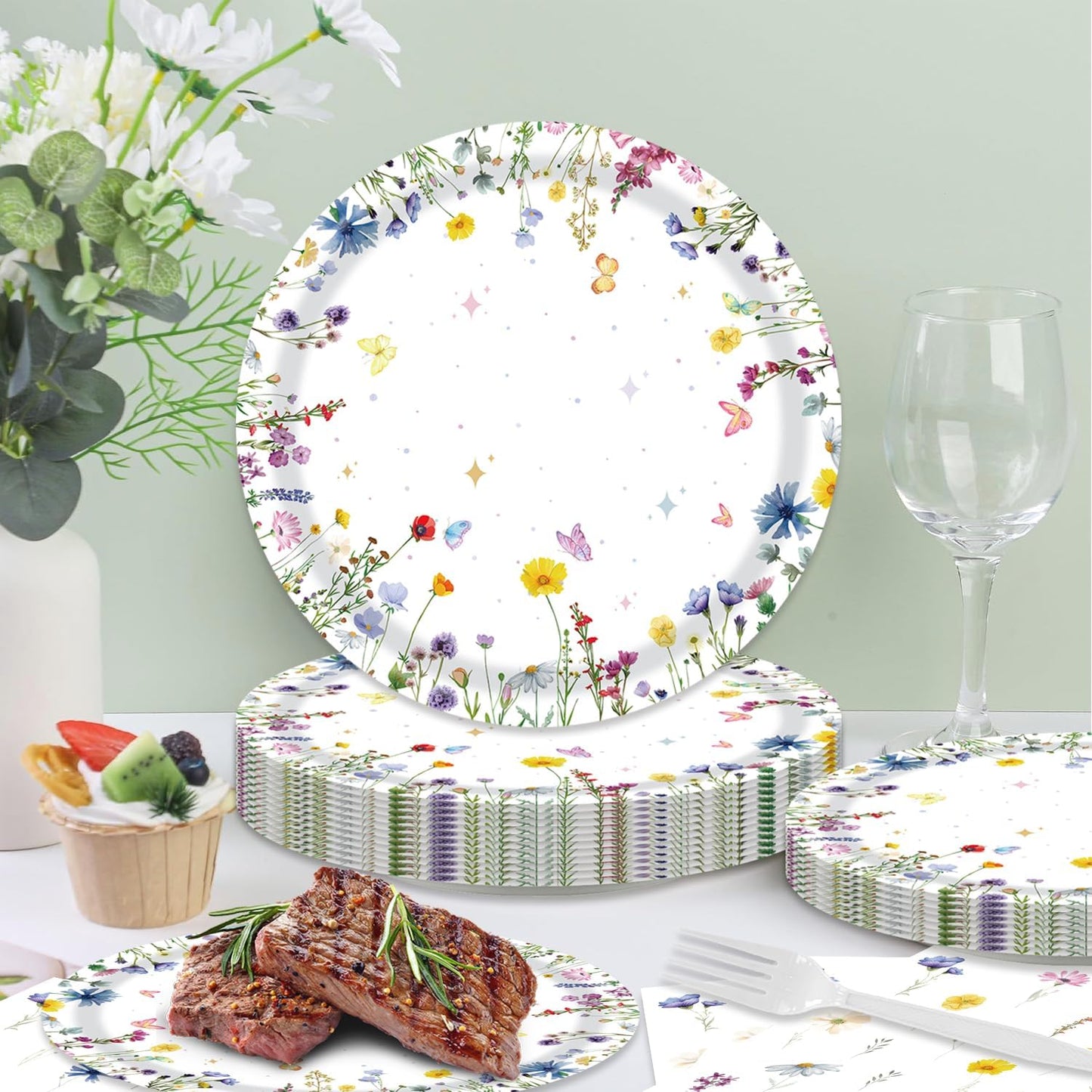 48Pcs Wildflower Party Decorations Summer Floral Paper Plates and Napkins Party Supplies for Birthday Decor Wildflower Baby Shower Decorations