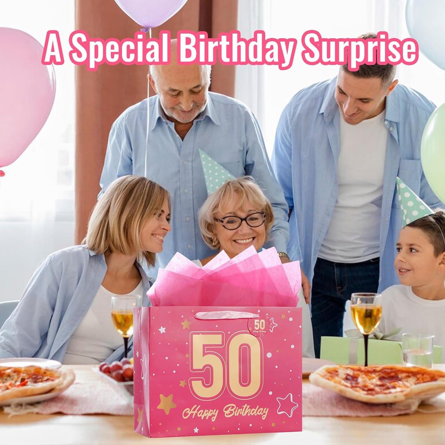 Powbrace 13" Pink Happy Birthday Gift Bag with Tissue Paper and Greeting Card for Party,Happy Birthday Gift Bag for Men Women,Gift Bags Medium size(1 Pink 60th)
