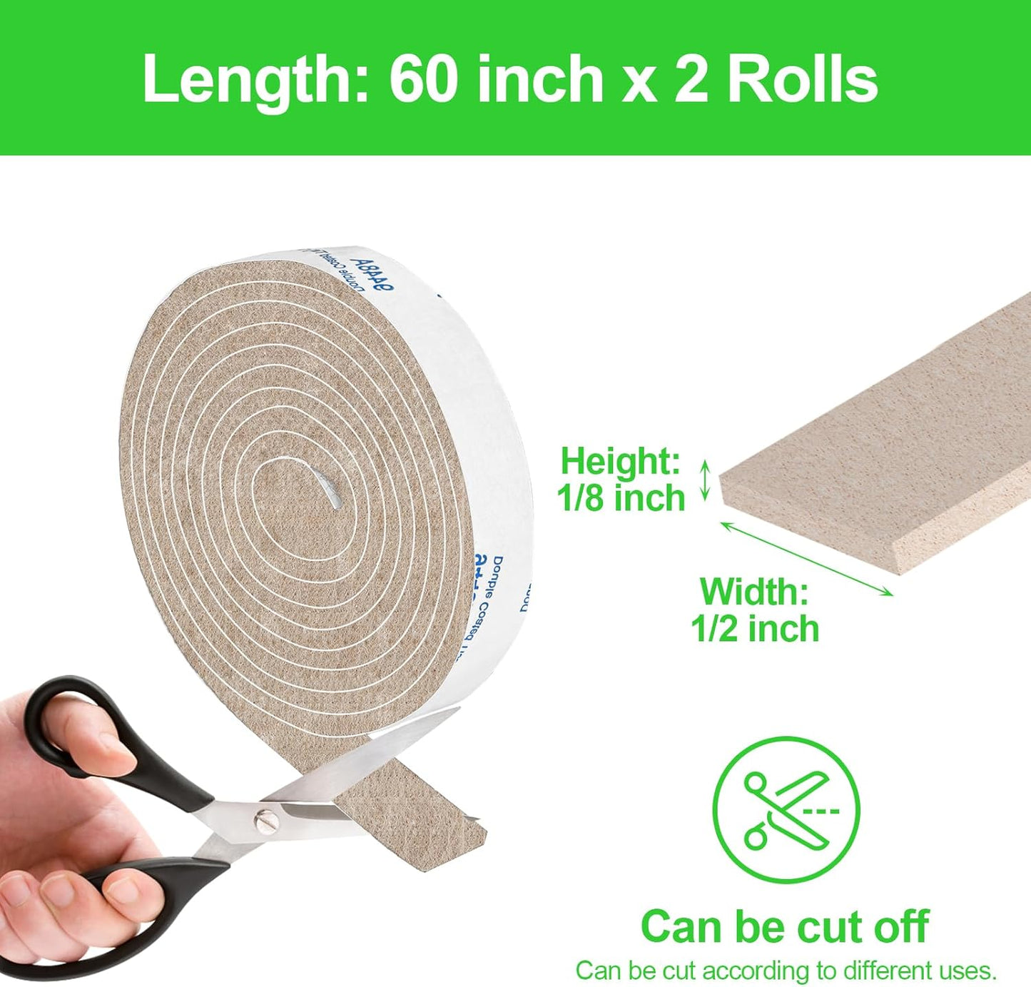 Felt Strips with Adhesive Backing, Adhesive Felt Strips, 2 Felt Rolls Pack 1/2x 60 Inches, Beige Felt Tape with Adhesive Backing, Furniture Felt Strips