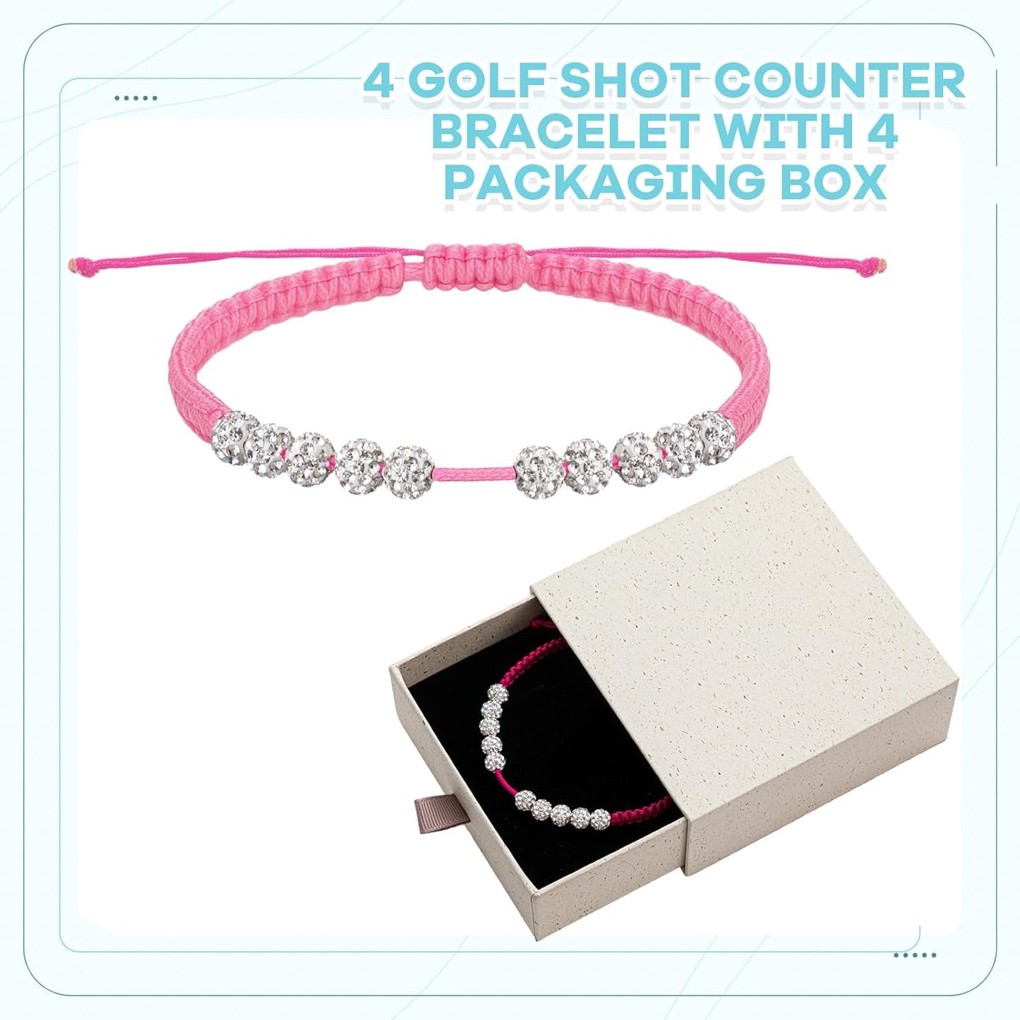 Quelay 4 Set Golf Rhinestones 10 Beads Score Counter Bracelets with Storage Gift Box Multicolor Adjustable Golf Stroke Counting Accessories for Women Christmas New Year Gifts