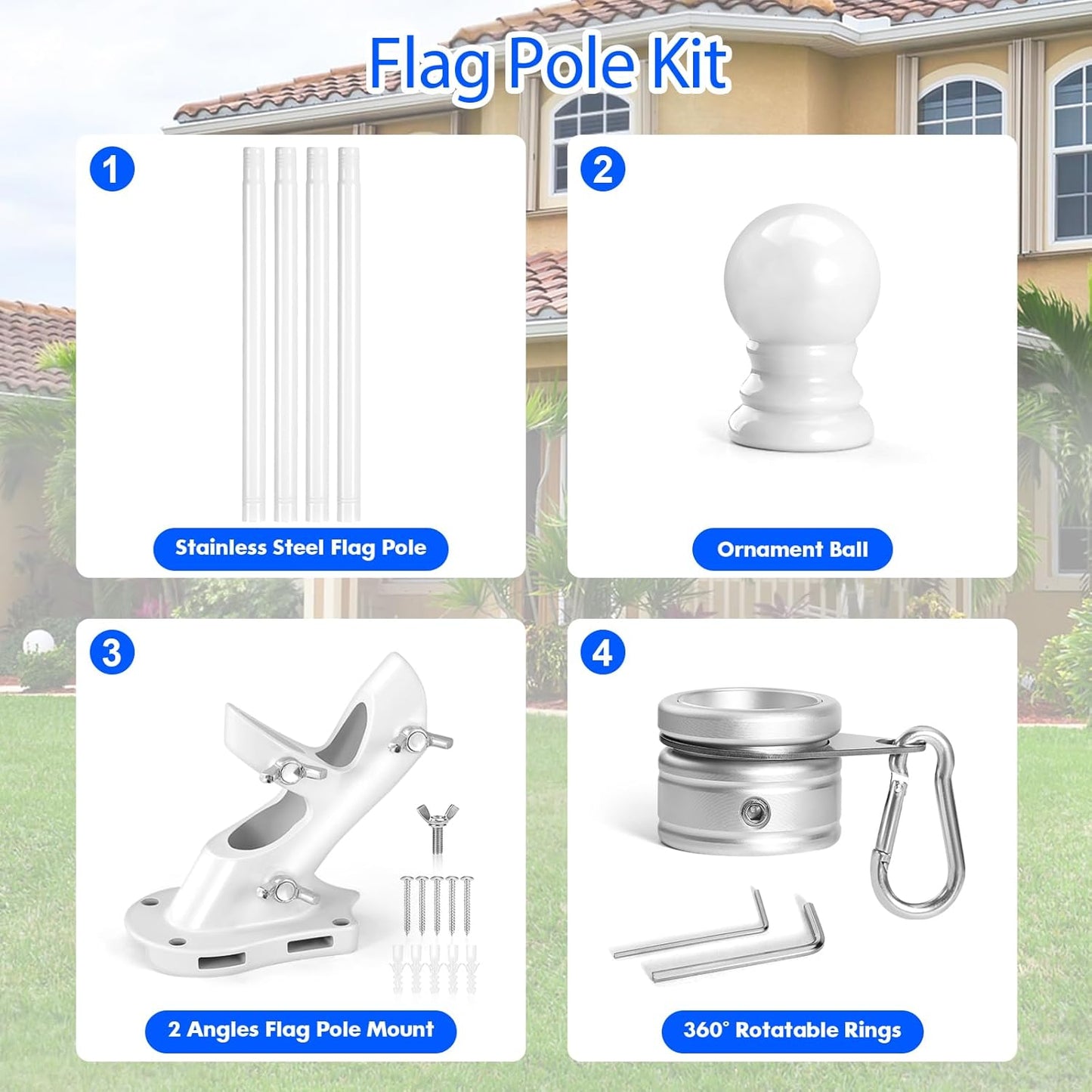 Anovo Flag Pole Kit- Stainless Steel 5 FT Flag Poles with1 Inch Metal 360° Rotating Flag Pole Rings Clip, Two-Position Flag Pole Holder Brackets Mounting for Outside House Outdoor Porch(5 FT - White)