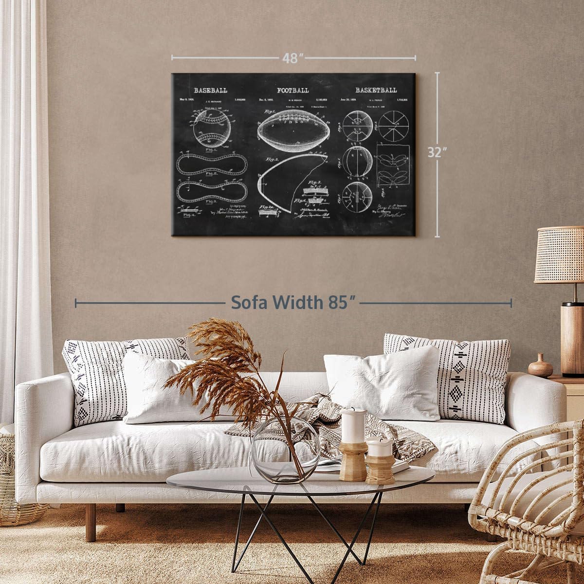 ElephantStock Sports Balls Compilation BW Patent Canvas - 1 Panel Patent Wall Art Decor - Sports Decorations for Boys Room - Wall Art and Office Decor - 48" X 32"