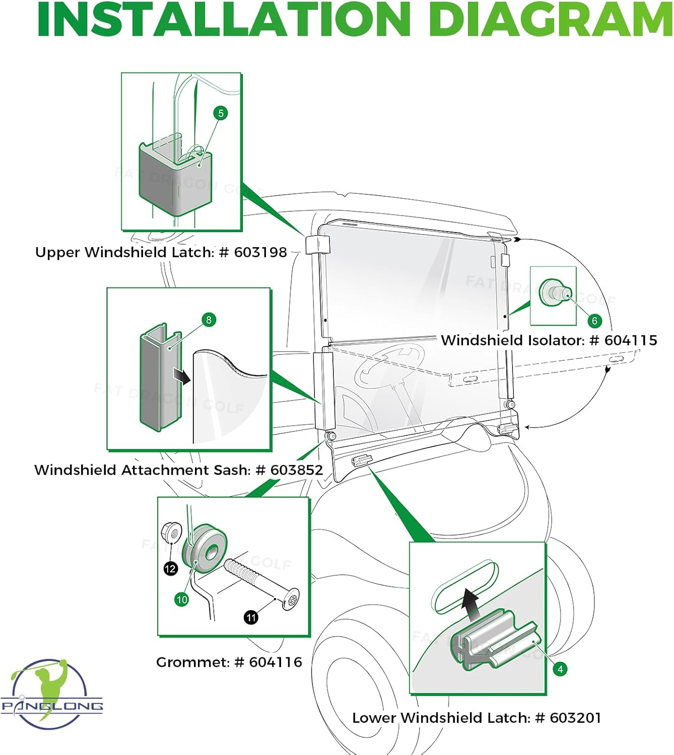 Panglong Windshield Sash Clips Kit, Width 1.25 inch Length 10 inch, OME 613136 603852 for EZGO RXV 2008 Up 1-1/4" inch Square Tube Golf Cart