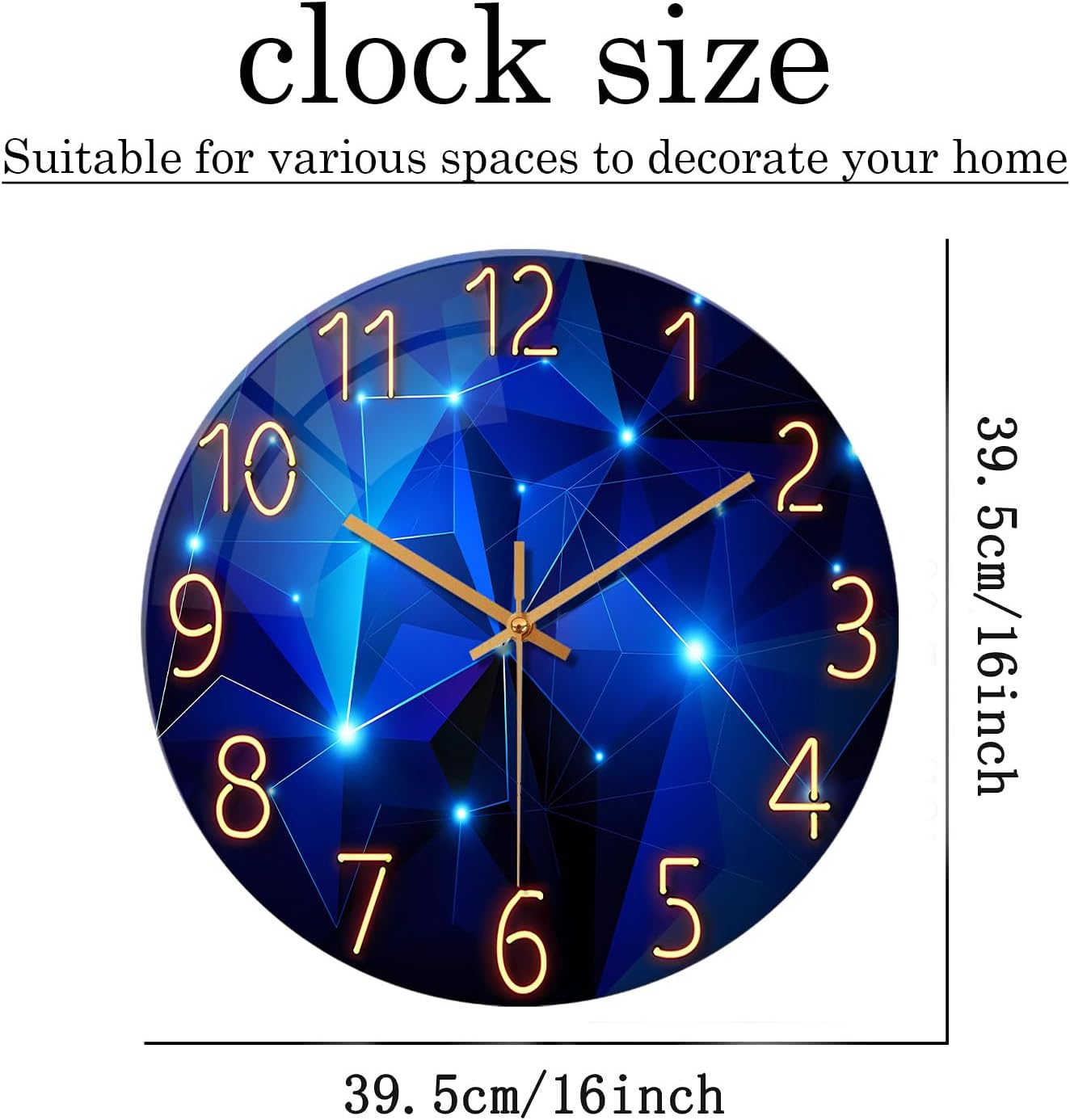 Blue Wall Clock Battery Operated 16 Inch Analog Glass Wall Clock Non Ticking Large Wall Clocks for Living Room Decor