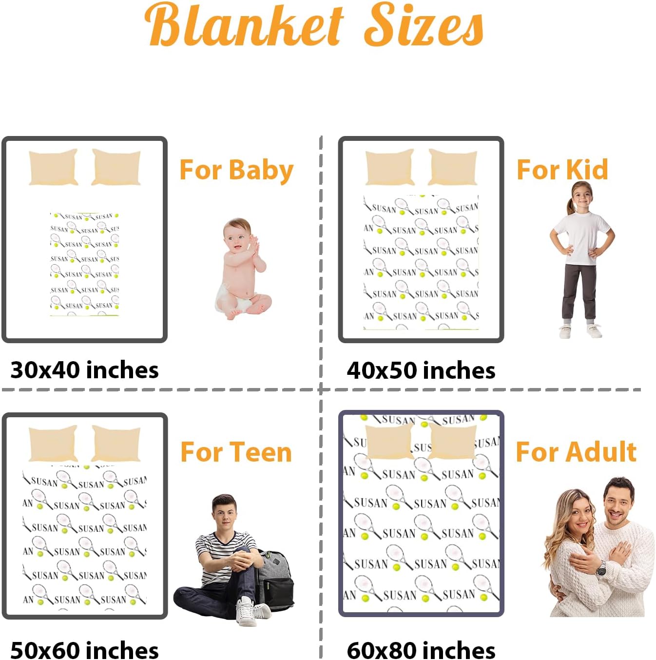 Custom Name Tennis Blanket - Personalized Names Soft Plush Flannel Throw Blankets for Baby Kids Teen Boys Girls Holidays Birthdays Gifts Color19