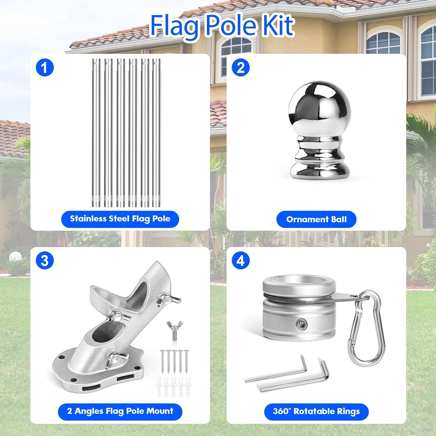 Anovo Flag Pole Kit- Stainless Steel 7 FT Flag Poles with1 Inch Metal 360° Rotating Flag Pole Rings Clip, Two-Position Flag Pole Holder Brackets Mounting for Outside House Outdoor Porch(7 FT - Sliver)