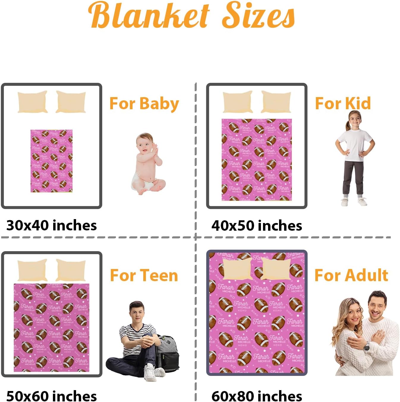 Custom Name Football Blanket - Personalized Names Soft Plush Flannel Throw Blankets for Baby Kids Teen Boys Girls Holidays Birthdays Gifts Color12