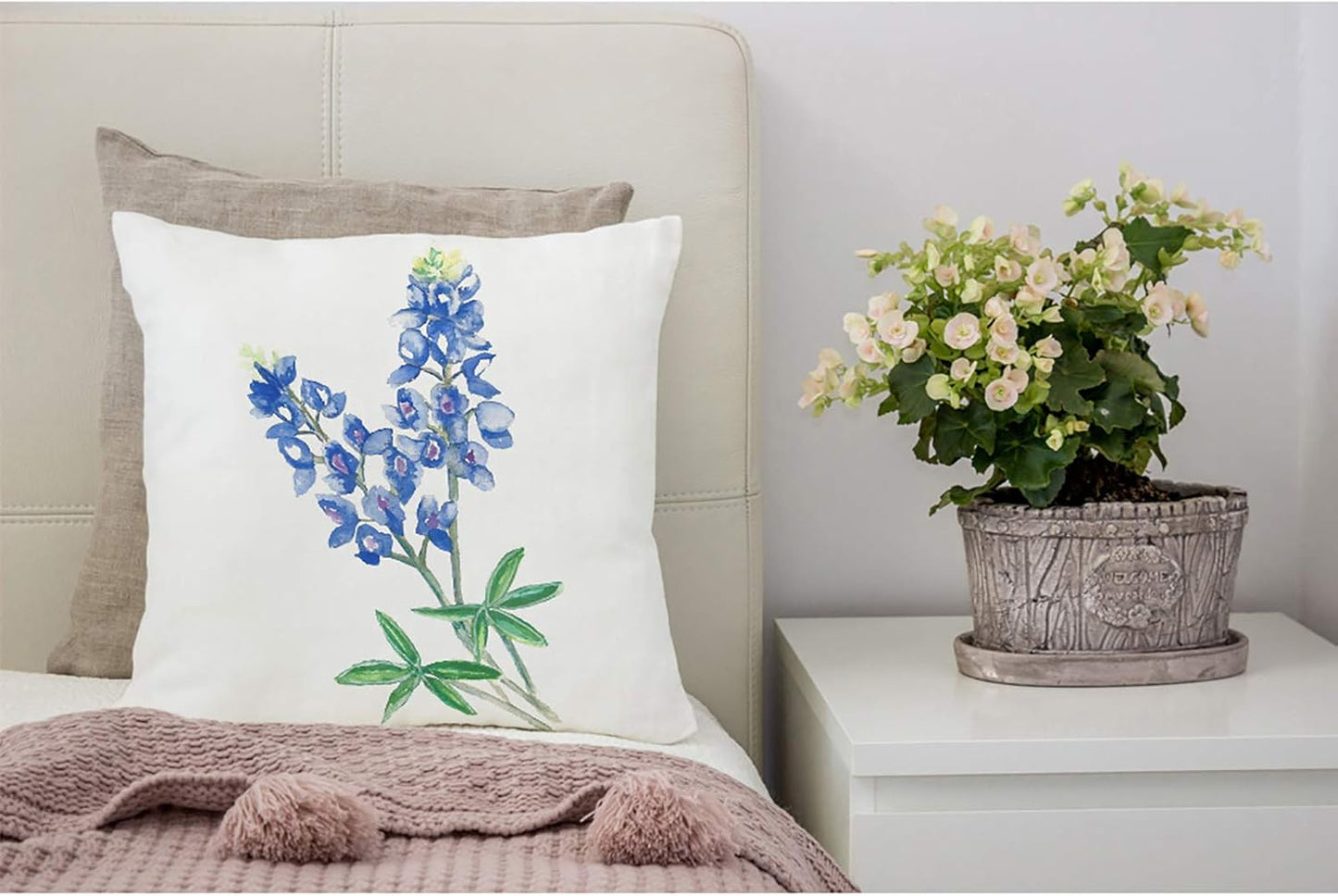 Throw Pillow Covers Blue Texas Watercolor Bluebonnet Cotton Linen Decorative Square Pillowcases Cushion Cover 18 X 18 Inch