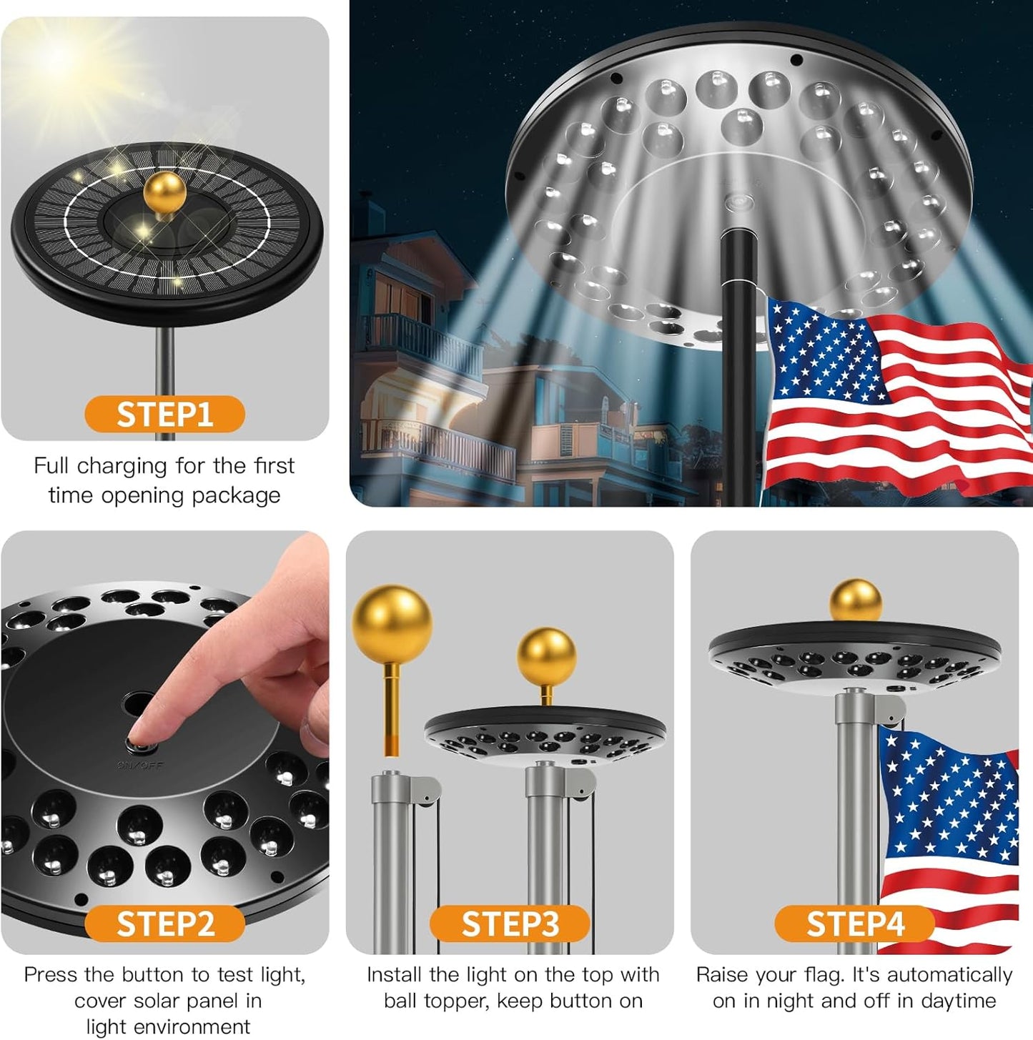 Flag Pole Light Solar Powered Outdoor, 2000 Lumen with 36 LED Ultra-Bright Flagpole, from Dusk to Dawn for 16+ Hours, 3 Brightness Levels 100% Flag Coverage High-Level Waterproof Auto on/Off
