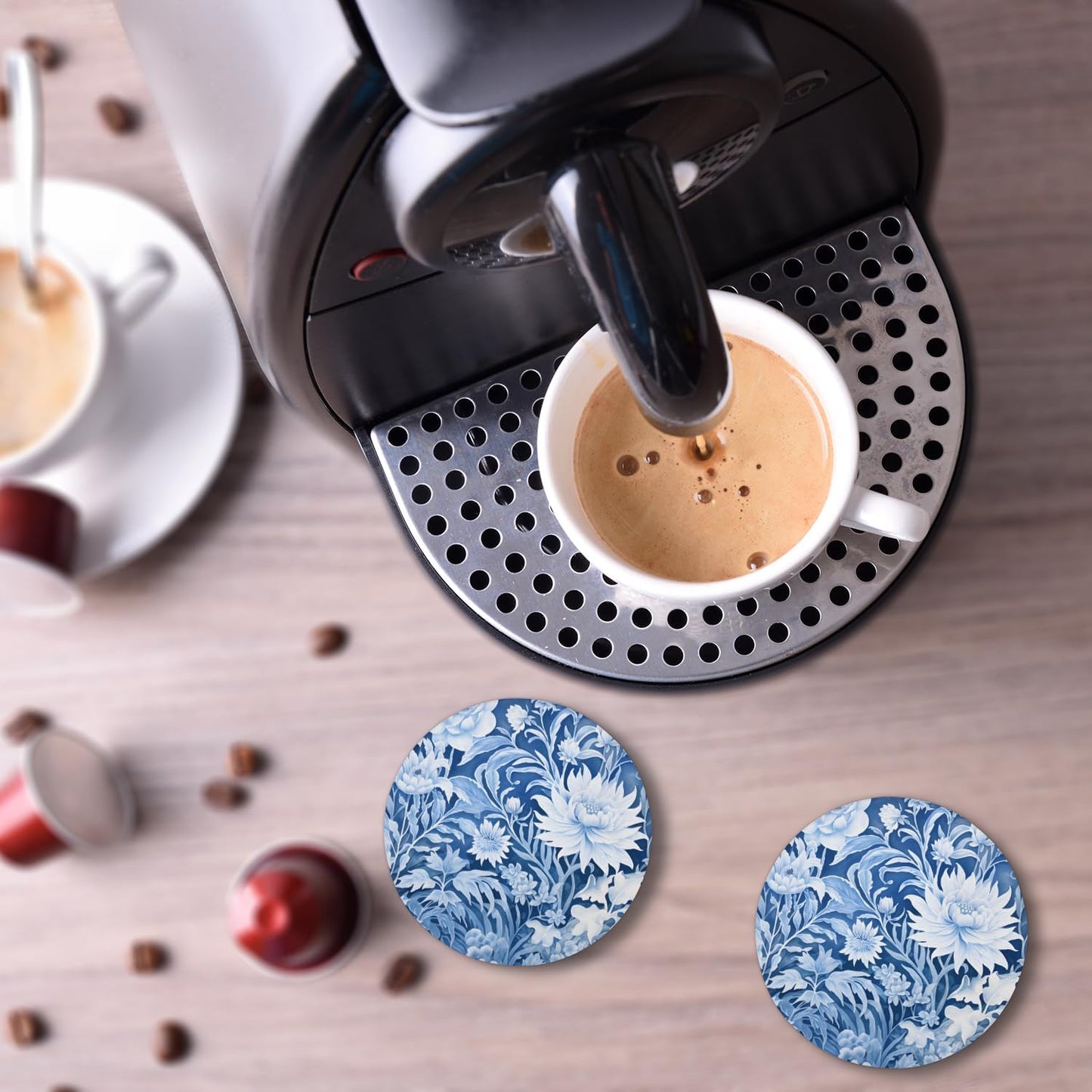 Ceramic Coasters for Drinks with Cork Back,Cyan White Floral 4 Inch Absorbent Coaster Set 4 Pack, Quick Dry Non-Slip Coaster Mats for Home, Office, Bar