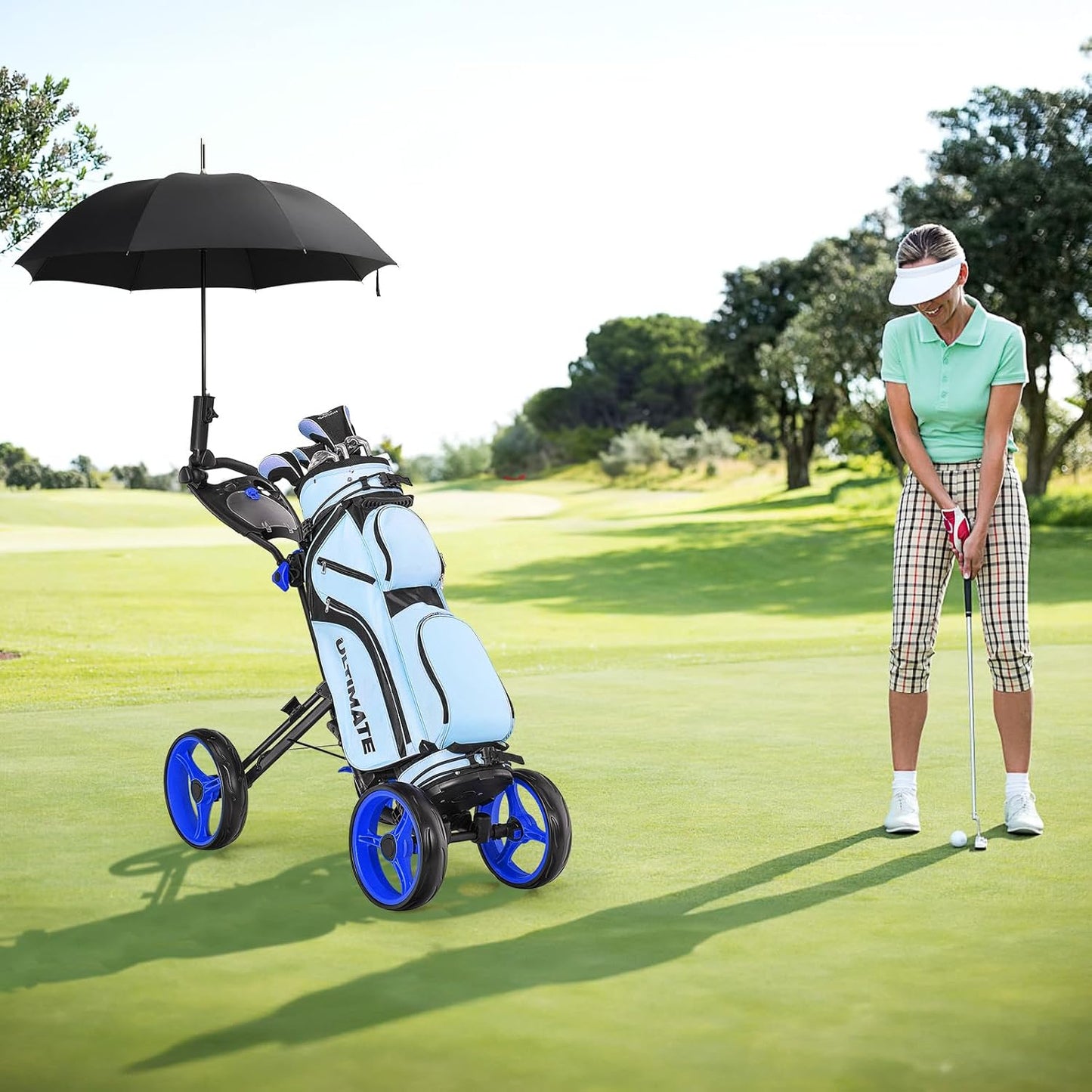 ULTIMATE 4 Wheel Golf Push Cart, Folding Golf Walking Cart w/Elastic Straps, Umbrella&Cup Holder, Scoreboard Storage, Lightweight Golf Trolley Cart w/Height Adjustable Handle&Foot Brake