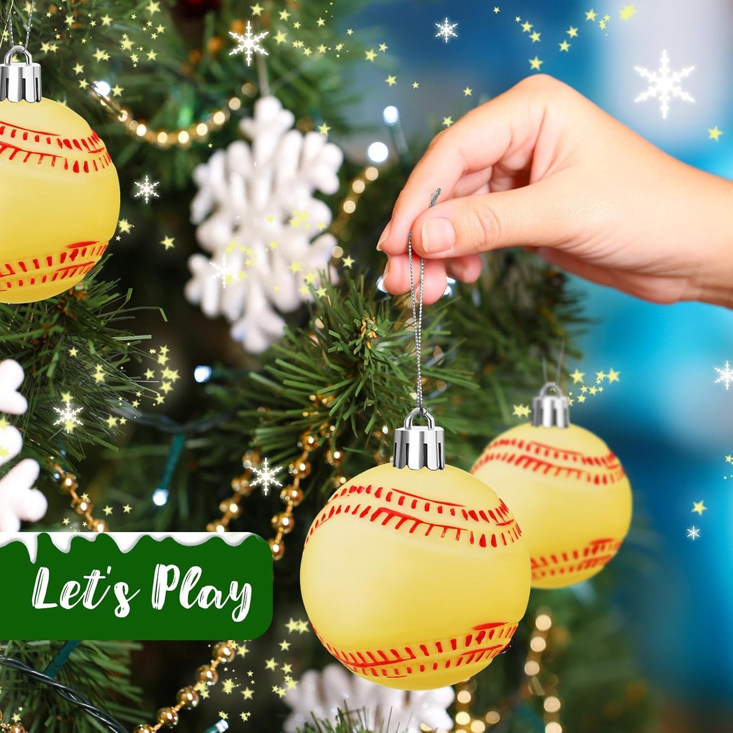 Leitee 18 Pcs Christmas Plastic Softball 2.36 Inch Xmas Tree Ornaments with Hanging Loop Sports Theme Decorative Hanging Ornaments for Holiday Party Christmas Tree Home
