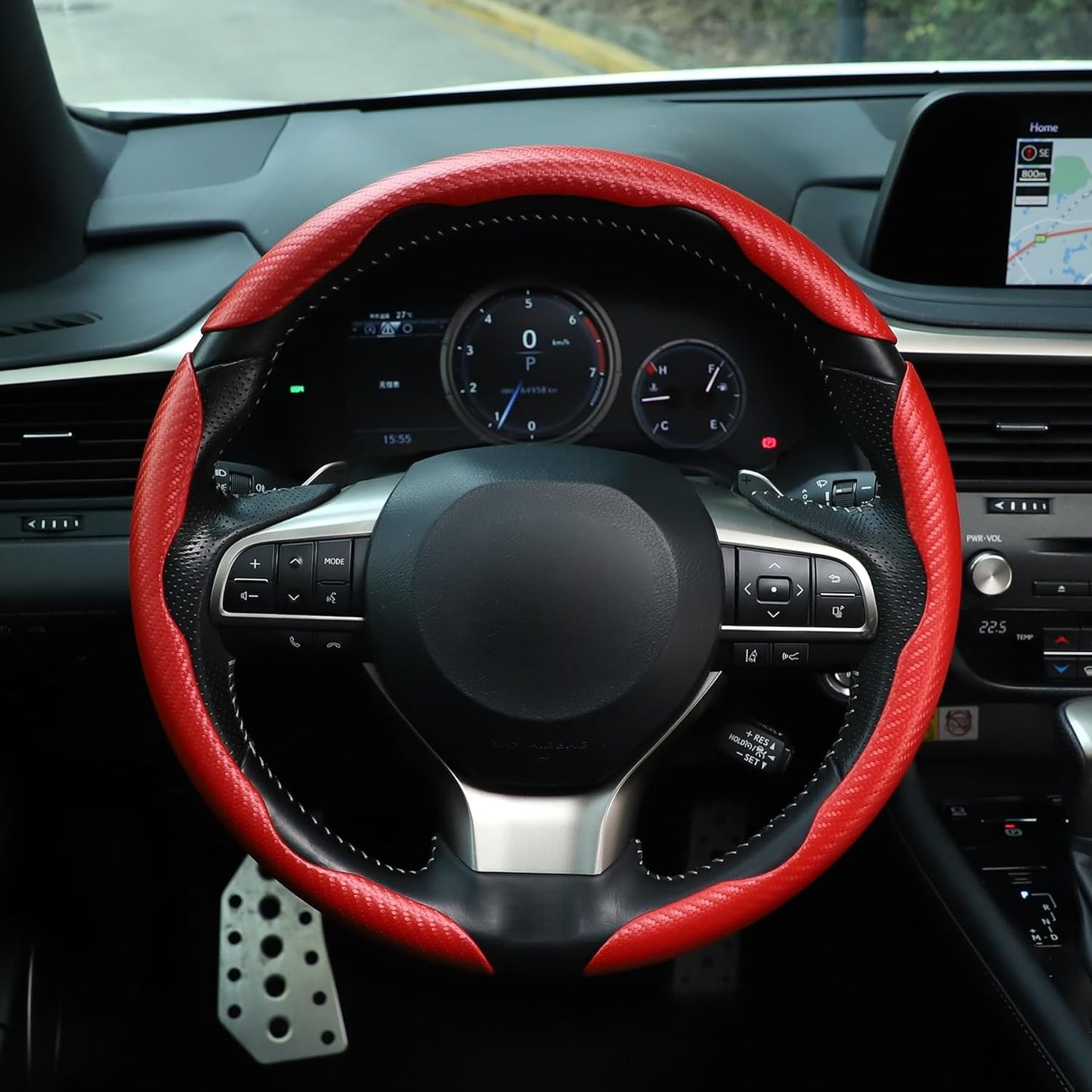 Amiss 3pcs Carbon Fiber Anti-Skid Steering Wheel Cover, Segmented & Butterfly Design, Universal 99% Car Wheel Cover Protector, Red