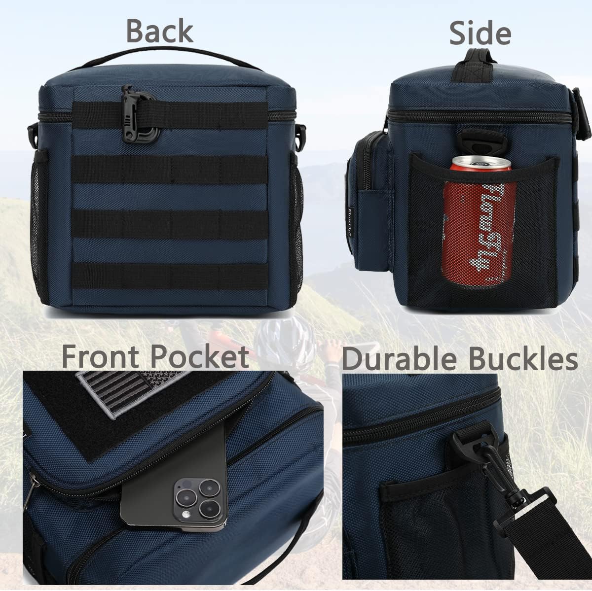 FlowFly Lunch Bag, Insulated Cooler, Thermal Lunch Box Tote with MOLLE/PALS Webbing, Adjustable Padded Shoulder Strap, for Tactical Men Women Adults and Boys Girls Kids (Cyan, Medium)