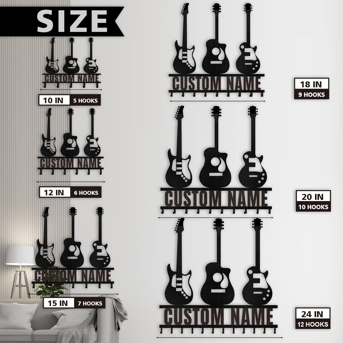 Custom Key Rack Wall Mount - Music Guitar Metal Coat Hooks for Wall, Coat Rack Organizer, Key Hanger Wall Art Decor, Key Rack Storage for Living Room Entryway Doorway Office, Home Decor Gift