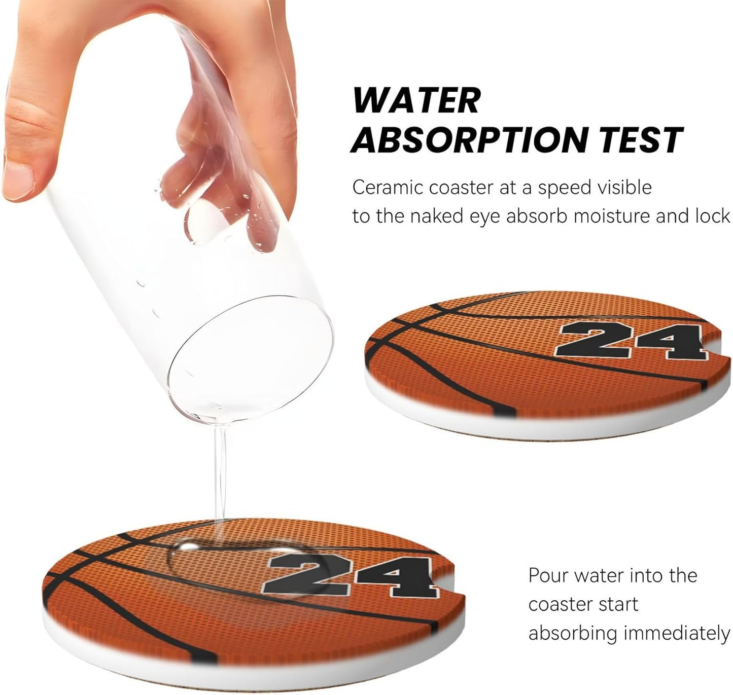 Car Cup Holder Coasters, Basketball No 24 Car Coasters for Cup Holder Drinks, 2 Pack Ceramic Cute Auto Interior Accessories for Women Men
