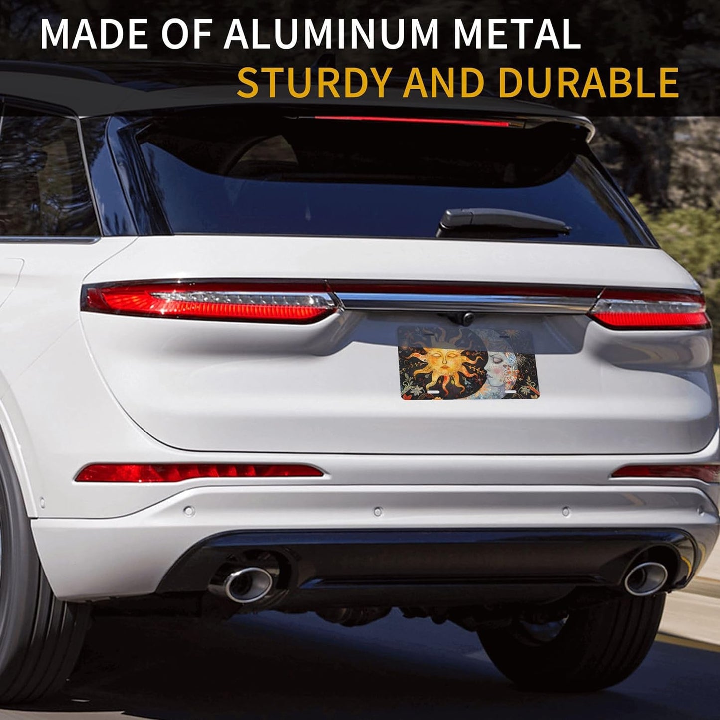 Front License Plate for Car Designs Abstract Sun Moon Flower Stainless License Plate Cover Holder for Men Women Metal Aluminum Decorative Accessory Vanity Tag Standard 6 X 12 Inch (4 Holes)