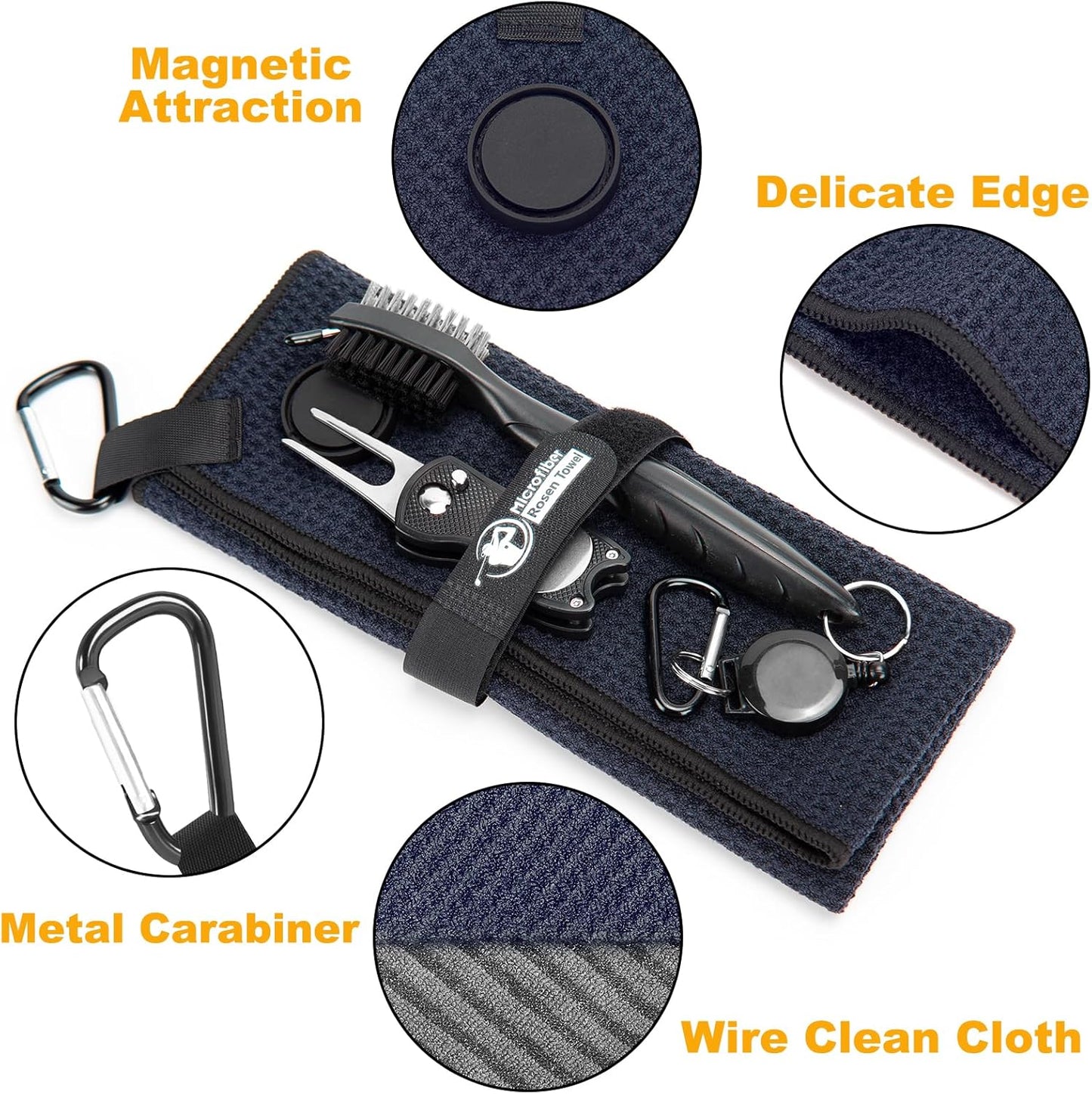 Magnetic Golf Towel, 2 PCS Microfiber Golf Towels with Brush and Divot Tool for Men, Industrial Strength Magnet Accessories for Strong Hold to Golf Bags, Carts or Clubs (2 Pack Black)