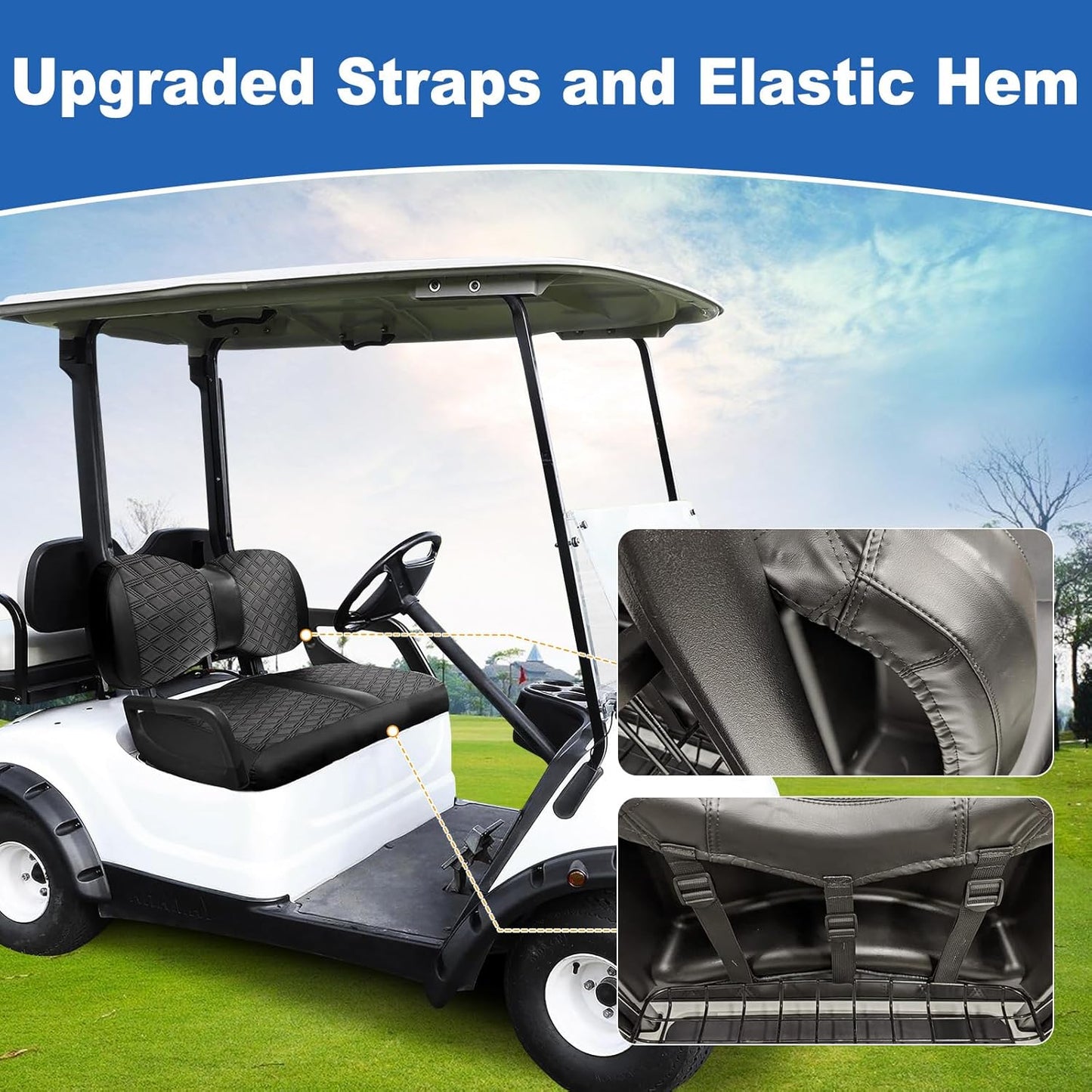 QUNSUNUS Golf Cart Seat Cover for Yamaha Drive G29/Drive 2 OEM Standard Seat Cushion,Easy to Install Front Leather Golf Seat Cover with Elastic Edges and Strap(2PS)