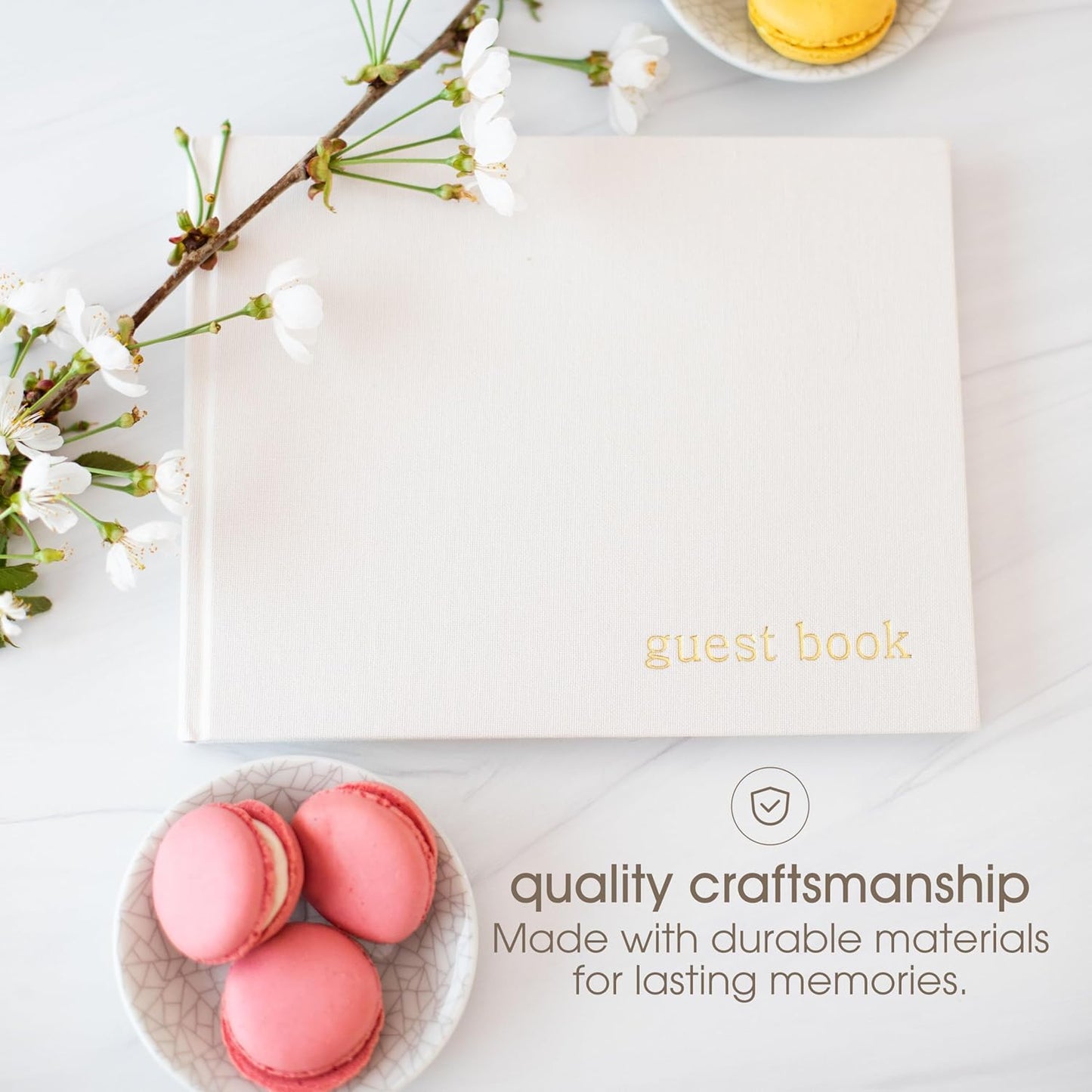 Pearhead Linen Guest Book – Classic Ivory with Gold Script, For Gender Neutral Baby Shower, Wedding, Bridal Shower, Party or Event, Keepsake 100 Blank Pages
