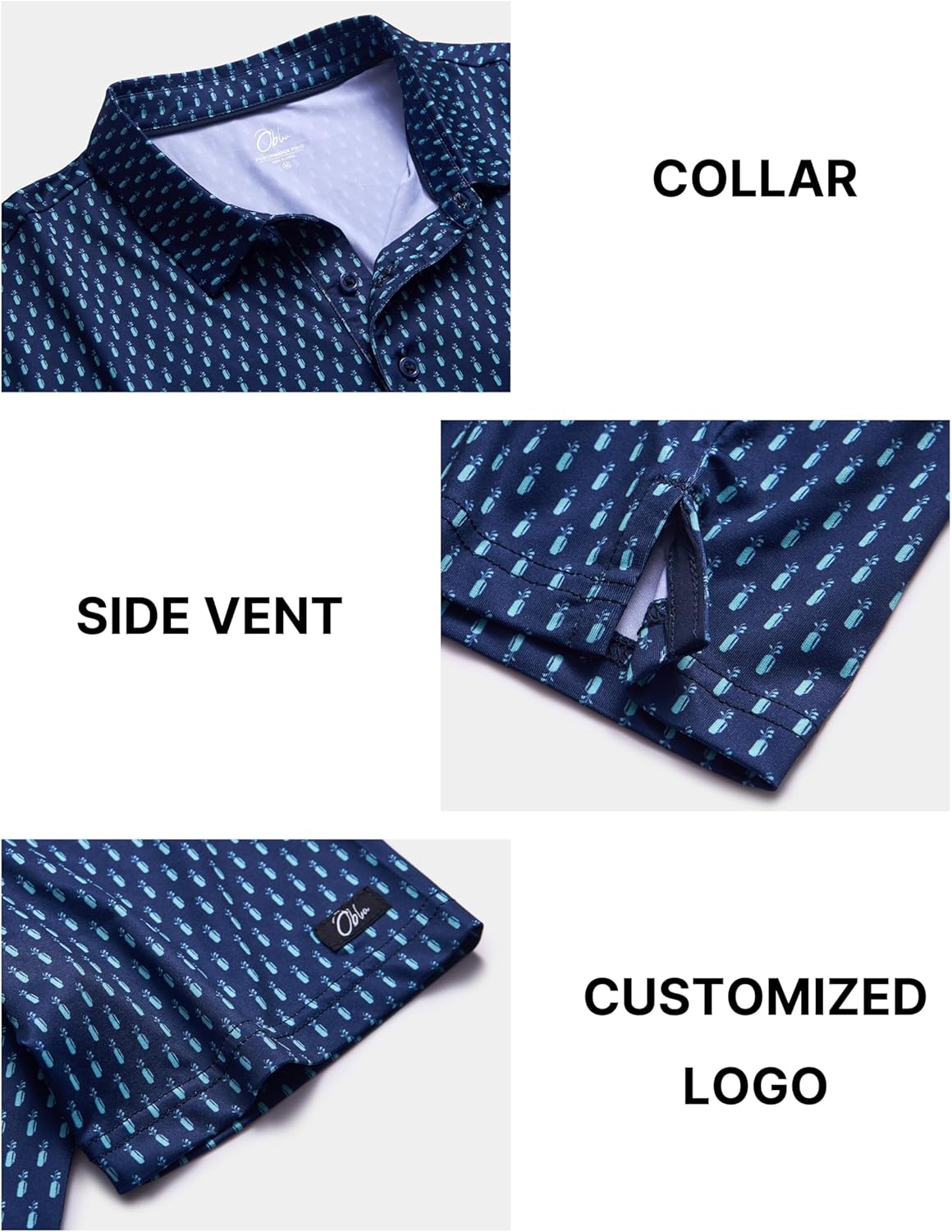Obla Mens Golf Polo Shirts Short Sleeve Dry Fit Performance Moisture Wicking Casual Print Collared Golf Shirts for Men