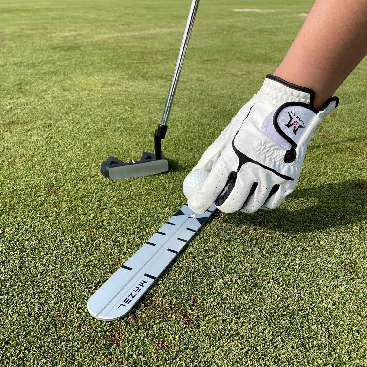 MAZEL Golf Putting Alignment Rail,Alloy Steel Golf Trainer Aid for Putting Green,35 * 1.6 Inch,Precision Distance Control & Instant Feedback (Putting Alignment Rail, Putting Ring, Practice Ball)