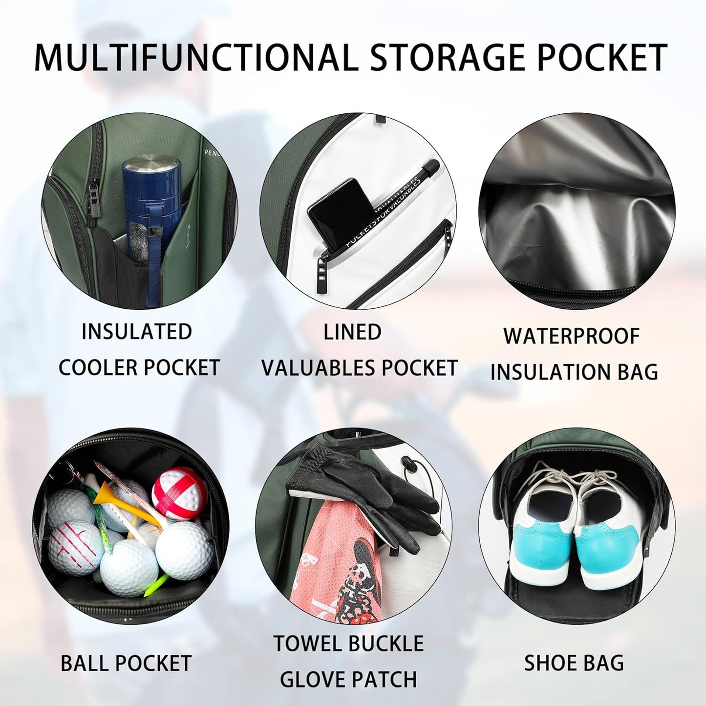 PU Leather Lightweight Men Women Blue White Black Green Golf Bag,Multiple 10 Pockets 14-Way Dividers Cooler Pouch Golf Cart Bag