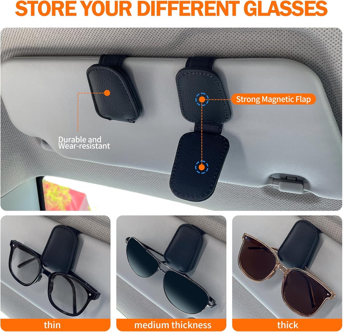 Sunglasses Holders for Car Sun Visor, 2pack Magnetic Leather Glasses Eyeglass Hanger Clip for Car, Ticket Business Card Clip Eyeglasses Mount Car Visor Accessories (Grey)