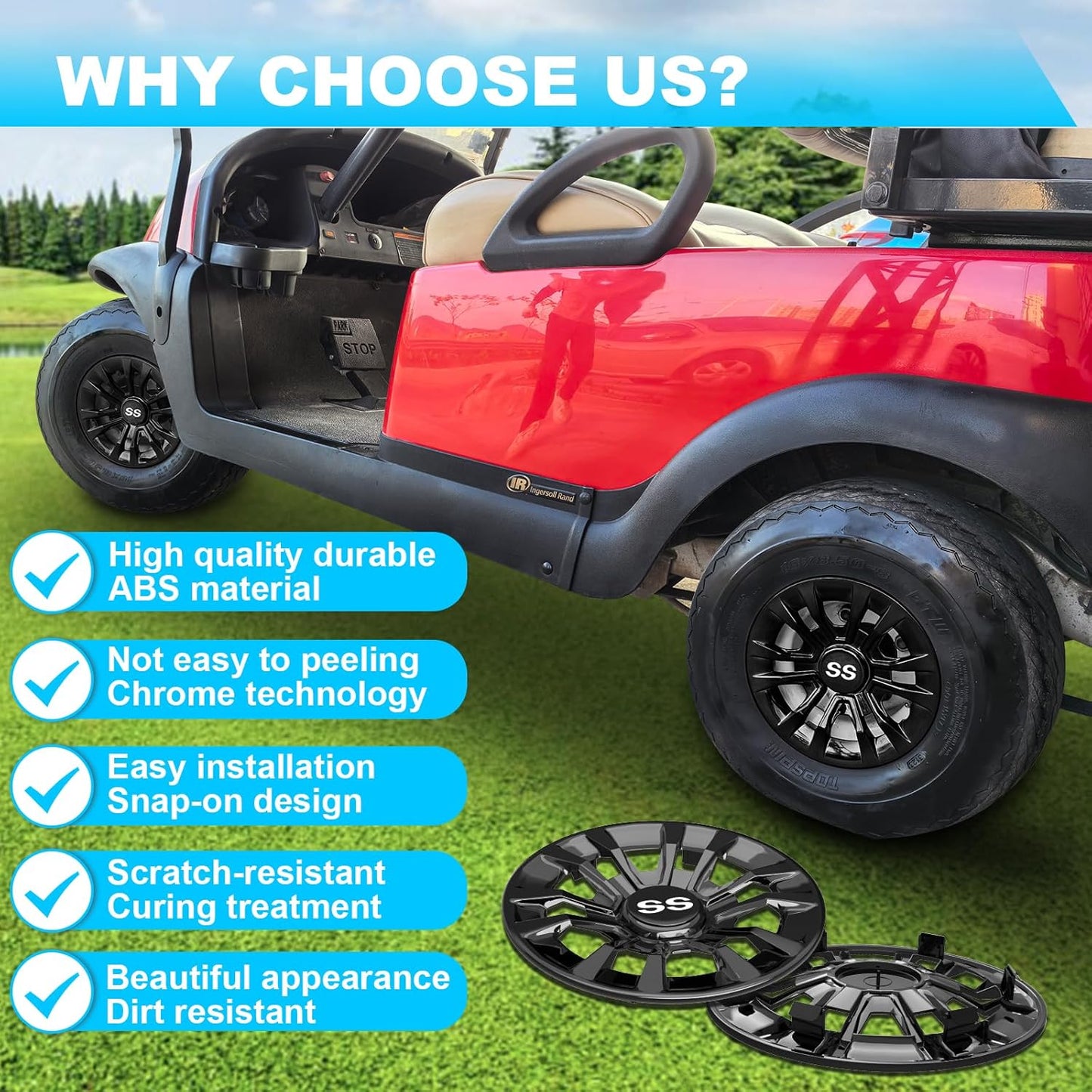Golf Cart SS Wheel Covers Hub Caps, Golf Cart 8 Inch Wheel Hubcaps for Club Car EZGO Yamaha and Most Golf Carts (Except RXV), 6-Spoke Design, Set of 4 Golf Cart Black Hubcaps Wheel Covers