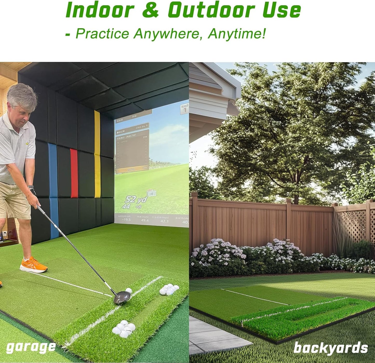 Dual-Turf 45/50MM Golf Hitting Mat, Built-in Ball Tray, Alignment Aid, Golf Mat Practice Outdoor & Indoor, Driving Chipping Putting in Backyard Garage Basement, Gift for Men Dad Golfer