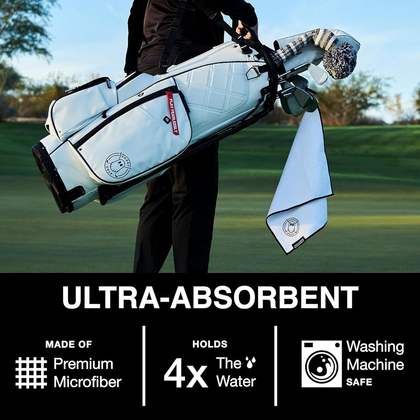 Ghost Golf Magnetic Towel (Greenside) - Premium Ultra-Absorbent Microfiber Golf Towel with Magnet for Golf Carts or Clubs - 18" x 18" Golfing Gear - Waffle Weave Pattern (Grey)