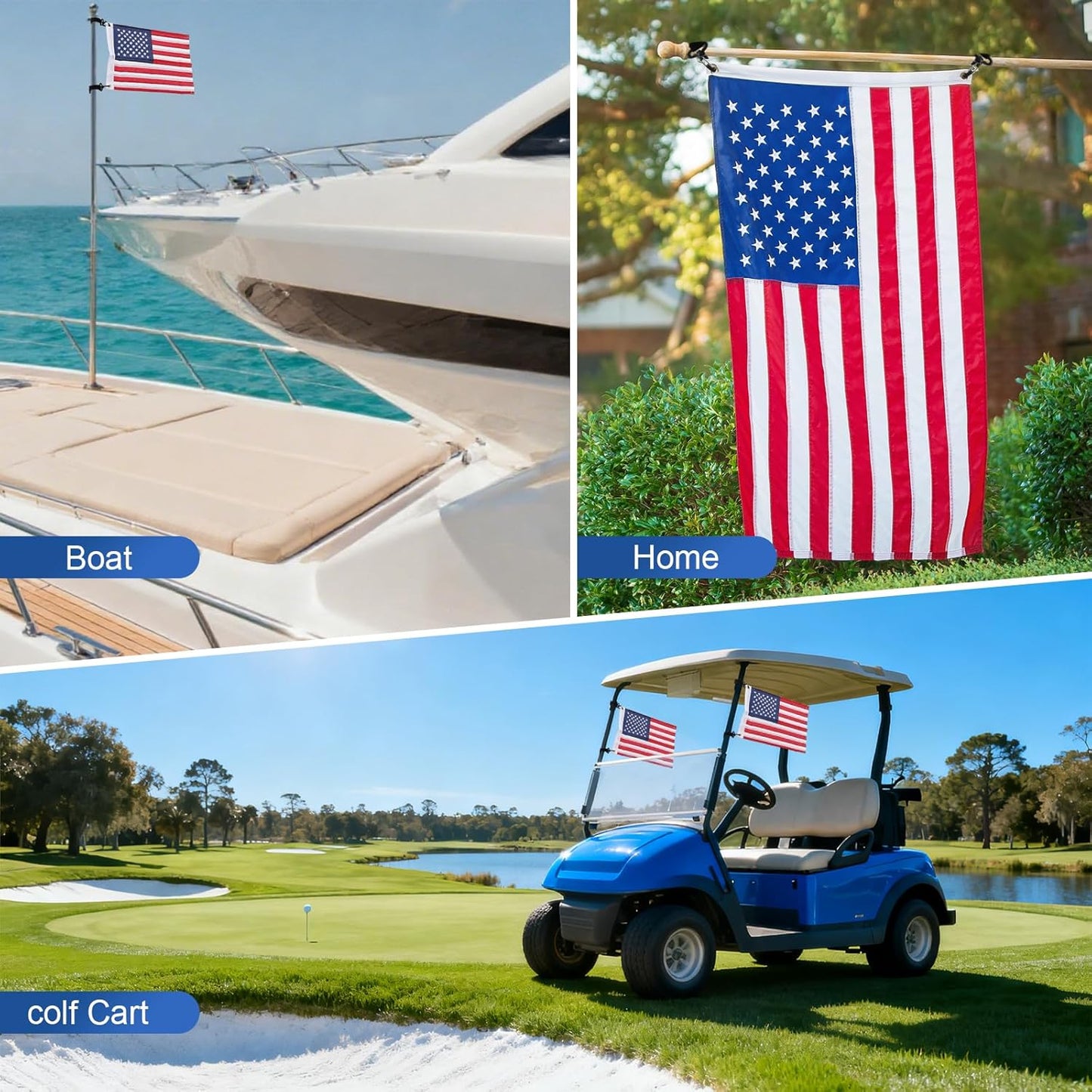 Golf Cart Flags 2Pcs, 12" x 18" American Flags for Golf Cart, USA Golf Flags with Elastic Strap Bracket, Golf Cart Accessories Boat Flag for Bike, Car