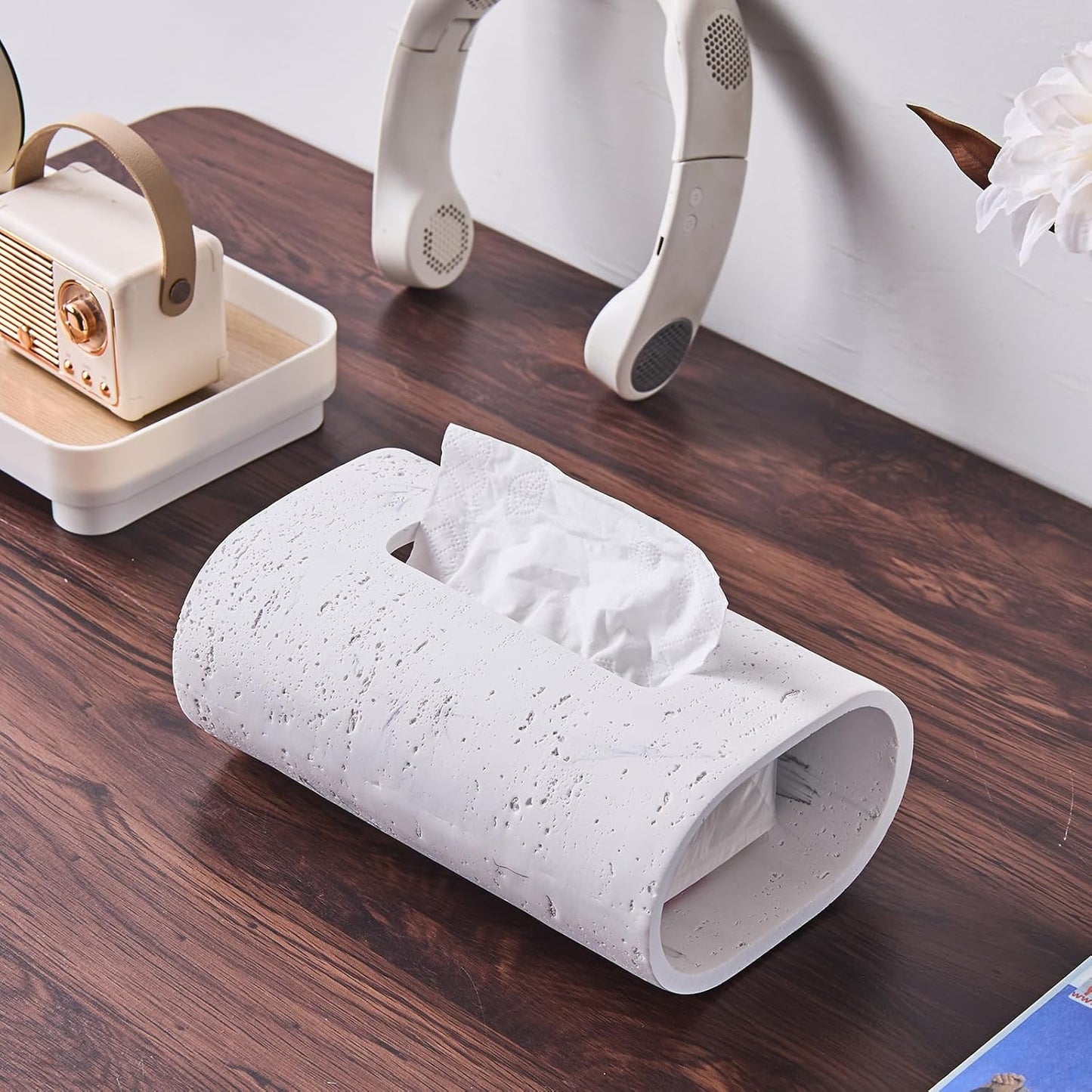 Natural Travertine Textures Tissue Box Holder Rectangle, Resin Facial Tissue Holder Cover, Decorative Bulk Tissue Paper Dispenser for Bathroom Kitchen Bedroom Living Room Office (White)