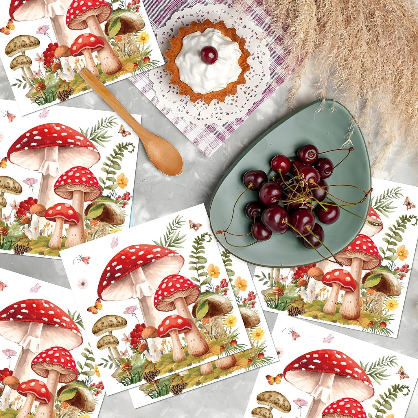 Mushroom Party Napkins Decorations, 50PCS Forest Mushroom Theme Decor, Fairy Tale Party Disposable Paper Napkins Set Supplies Size 6.5 Inch